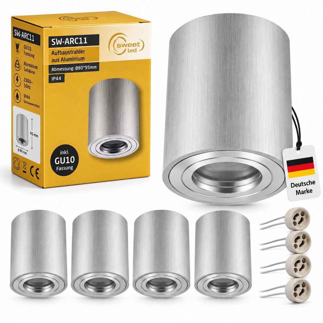 Sweet LED Aufbauleuchte 4er-Set GU10 Aufbaustrahler Bad IP44 rund silber Aluminium, ohne Leuchtmittel, Aufbaustrahler LED, Aufbauspot, Deckenstrahler