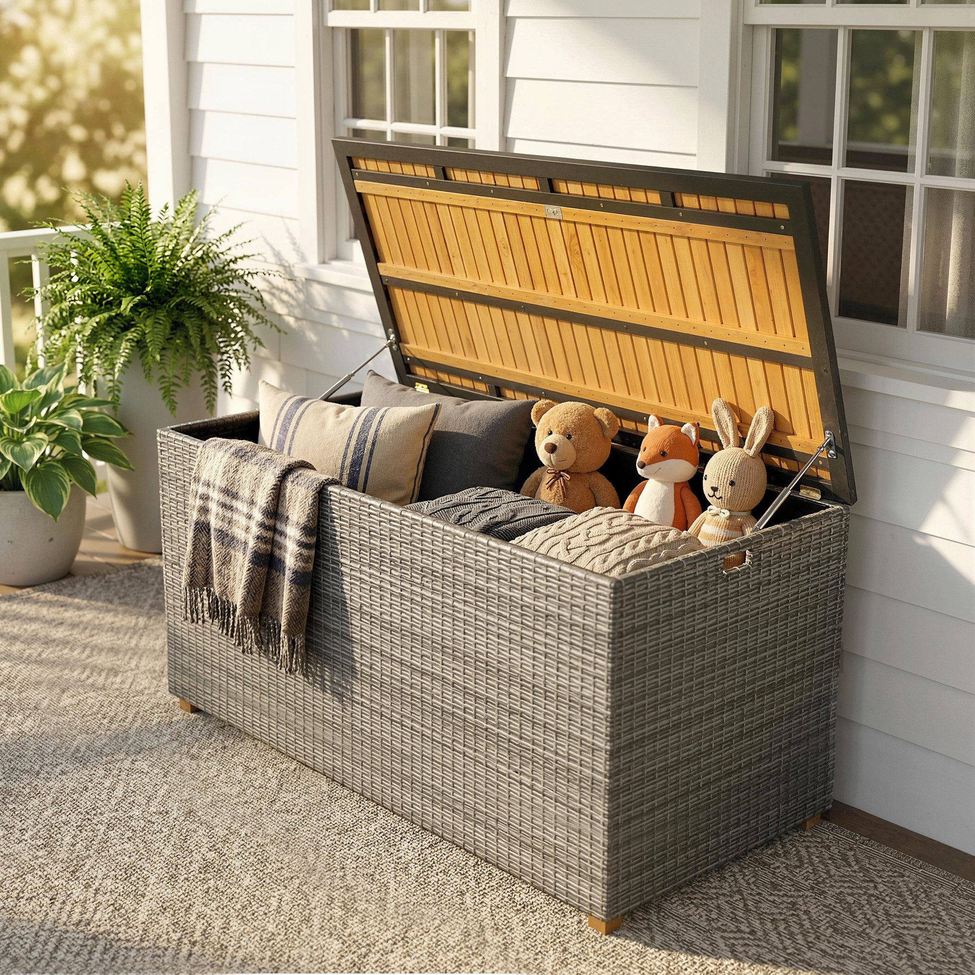 Outsunny Gartenbox Polyrattan wasserdicht FSC-Akazienholz-Deckel Kissenbox (Auflagenbox, 1 St., Aufbewahrungsbox), für Garten Balkon Pool Dunkelgrau