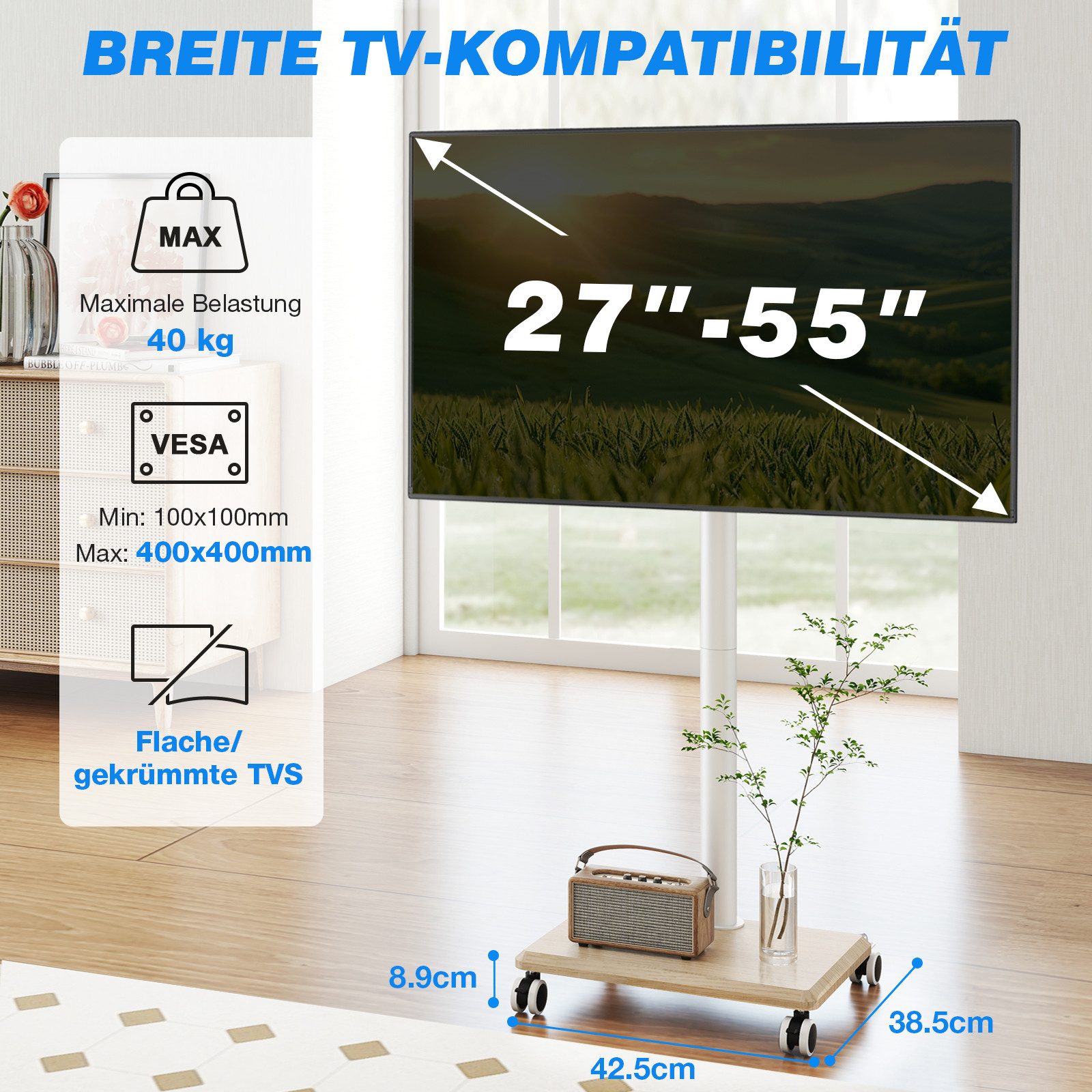 5Rcom TV-Ständer mit Rollen und Holzablage Geeignet für Fernseher von 27 bis 55 Zoll, (bis 55 Zoll, 1-tlg., Mobiler TV-Ständer trägt bis zu 40 kg Maximale)