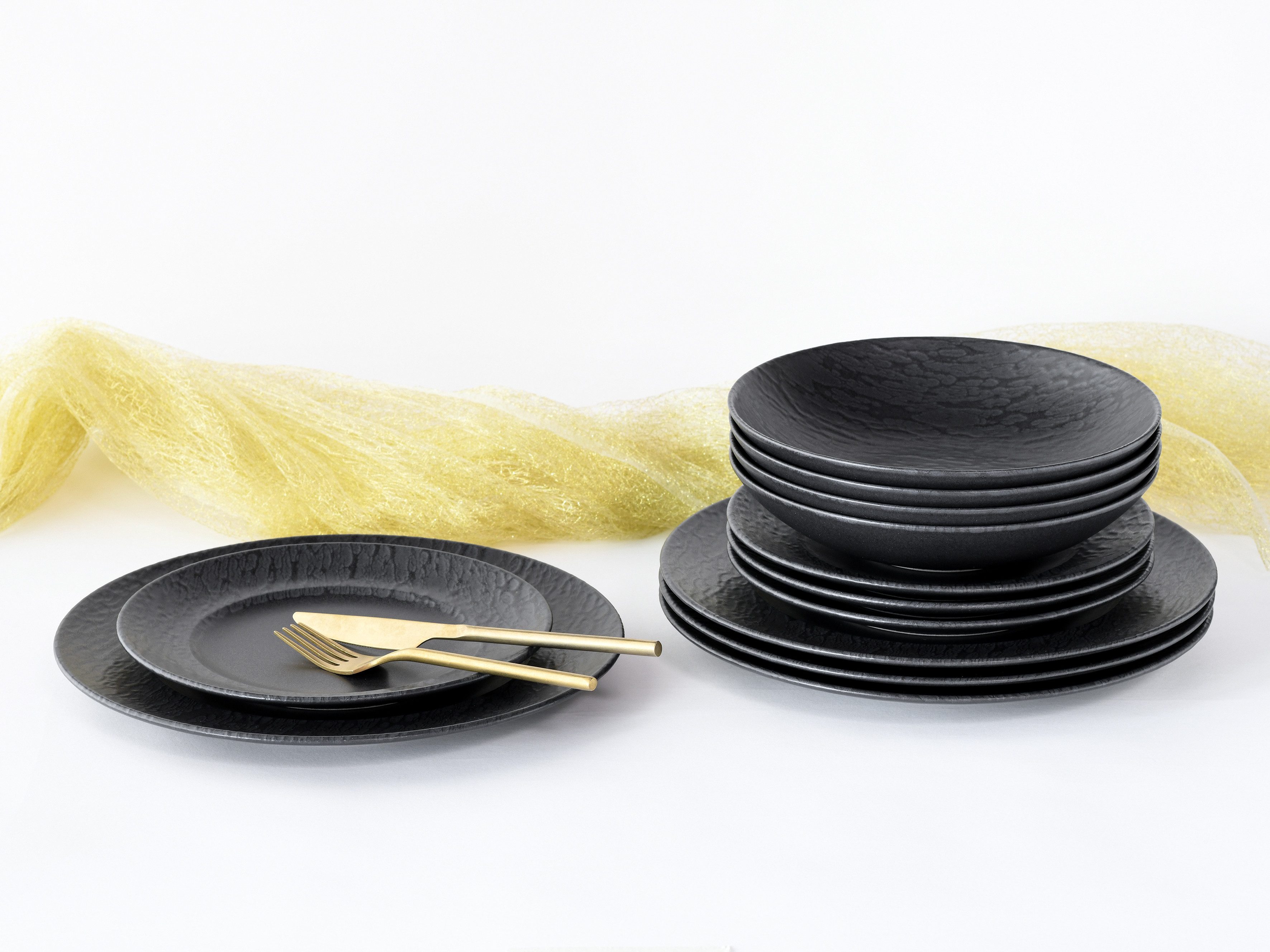 CreaTable Teller-Set Geschirr-Set Schiefer (12-tlg), 4 Personen, Steinzeug, Service, schwarz, schieferoptik, 12 Teile, für 4 Personen