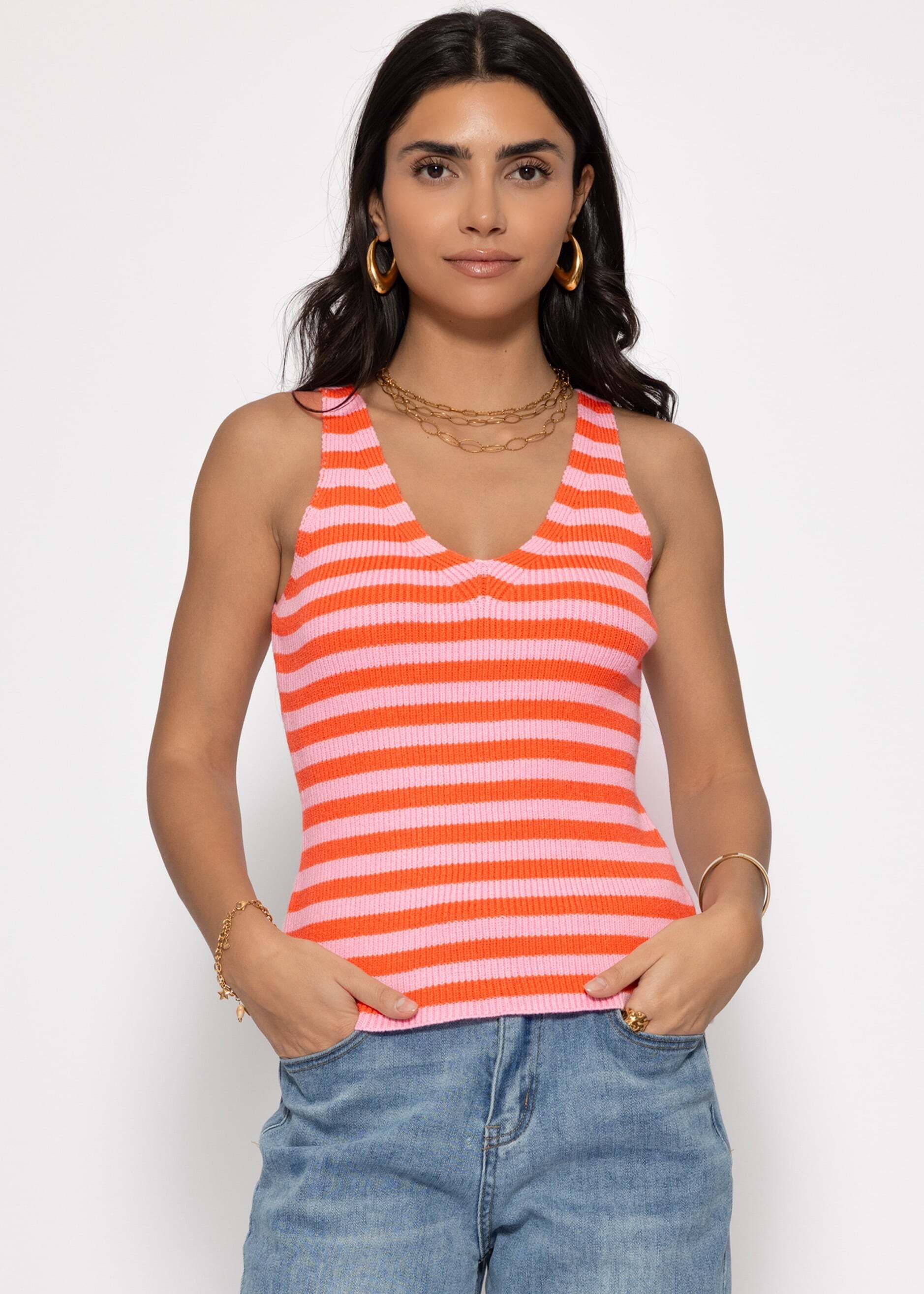 SASSYCLASSY Stricktop Gestreiftes Strick Top mit V-Ausschnitt Damen Ärmelloses Top mit breiten Trägern in figurbetontem Schnitt