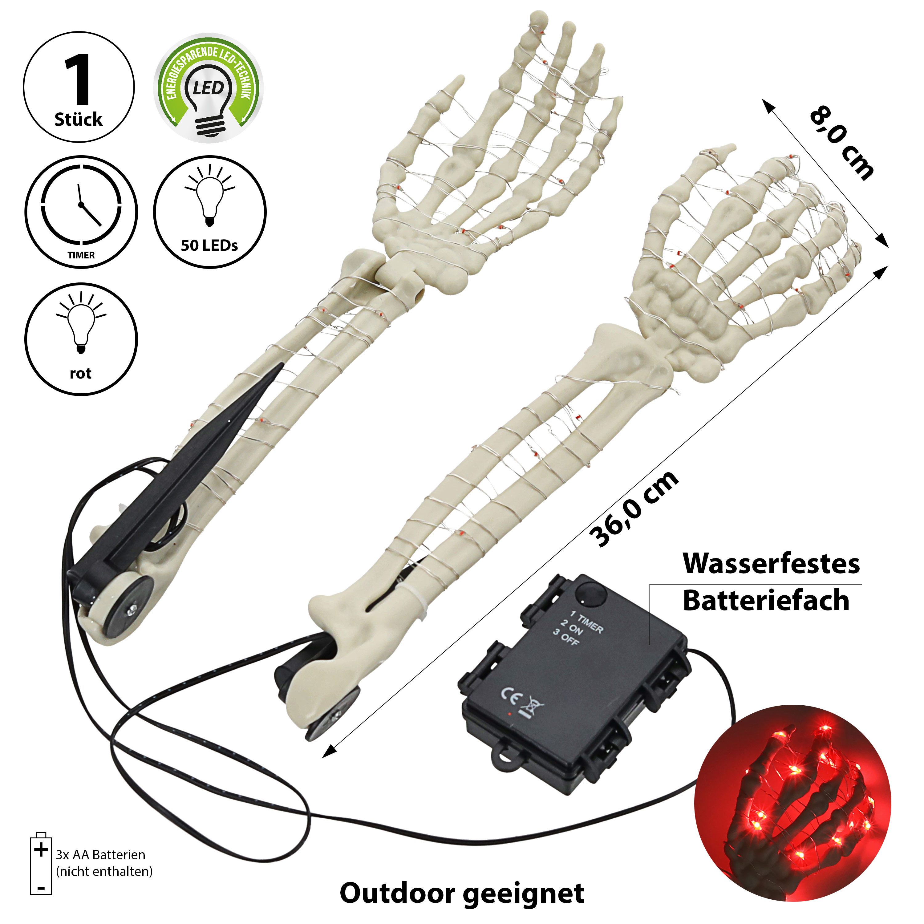 CEPEWA Dekoobjekt LED Skelett Hände Erdspieß 8x36cm Plastik 50 Leds rot leuchtend Timer