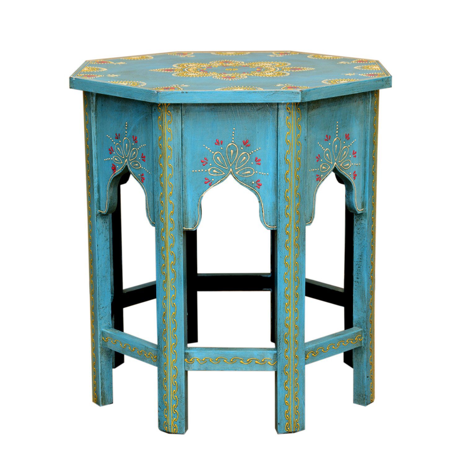 Casa Moro Beistelltisch Orientalischer Tisch L handgefertigt Mustern Sofatisch), Vintage Blau Chic handbemalt (Boho handbemalt Kunstvoll Massivholz mit Couchtisch traditionellen Saada