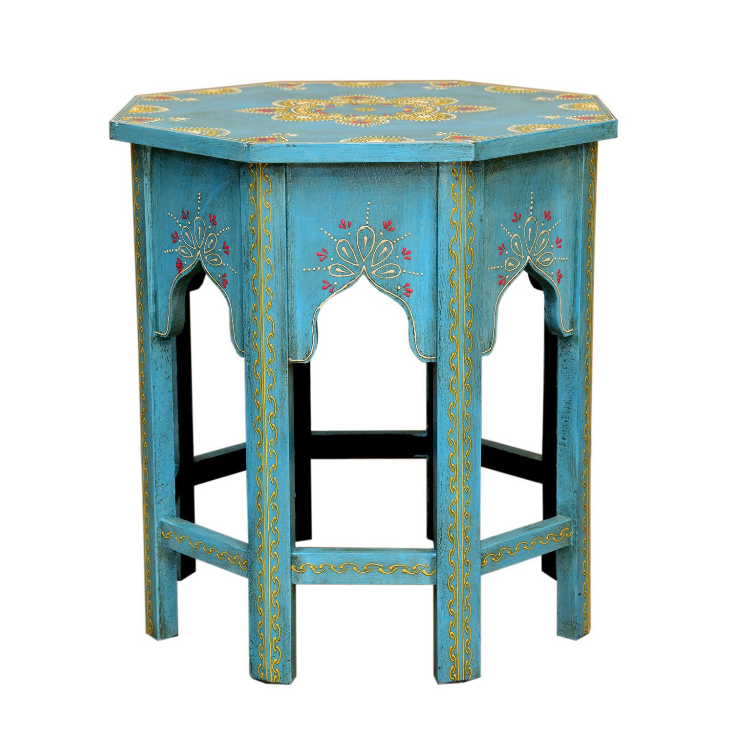 handbemalt Massivholz L traditionellen Casa Couchtisch handbemalt Mustern Kunstvoll Chic Saada Vintage Blau (Boho Tisch Sofatisch), mit Orientalischer handgefertigt Moro Beistelltisch