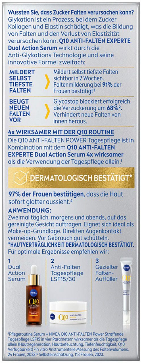 Nivea Gesichtsserum Q10 ANTI-FALTEN EXPERTE DUAL ACTION SERUM, beugt zuckerbedingte Falten vor und mindert selbst tiefe Falten.