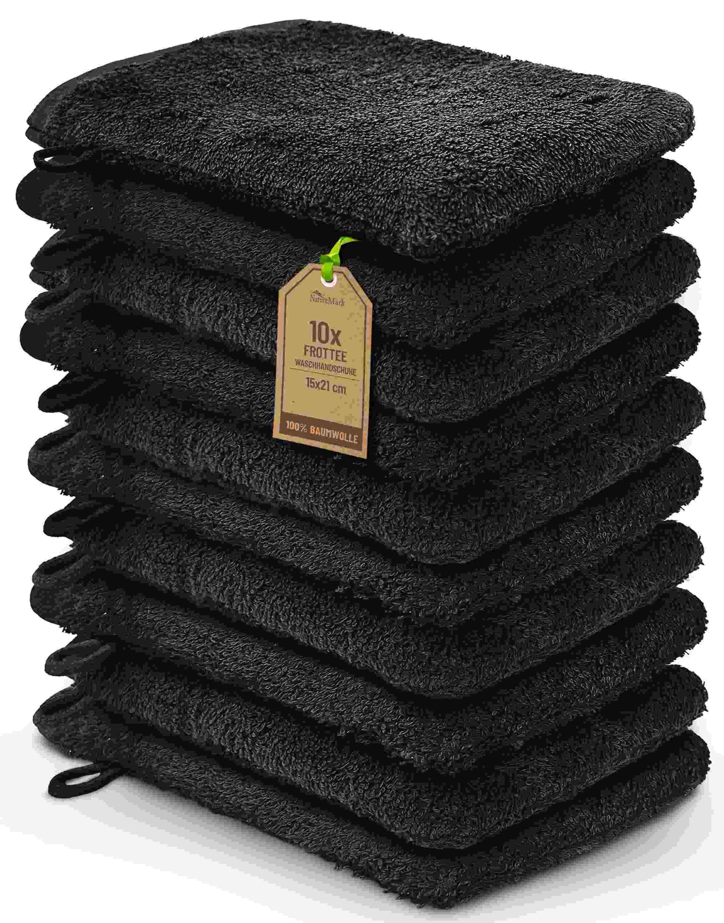 NatureMark Waschhandschuh 10er-Set Frottier Замшевые перчатки, 100% Baumwolle (10-St), Premium Frottier Замшевые перчатки, 15x21cm, Schwarz