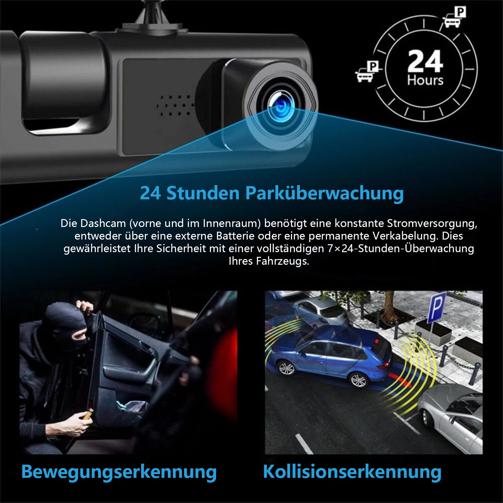 MOPUEA 3-Kamera Dashcam Auto 1080P Full HD Front Innen Rückkamera Dashcam (Nachtsicht Parküberwachung Bewegungserkennung Auto Kamera, Dual Aufnahme vorne und in – Bild 5 von 5