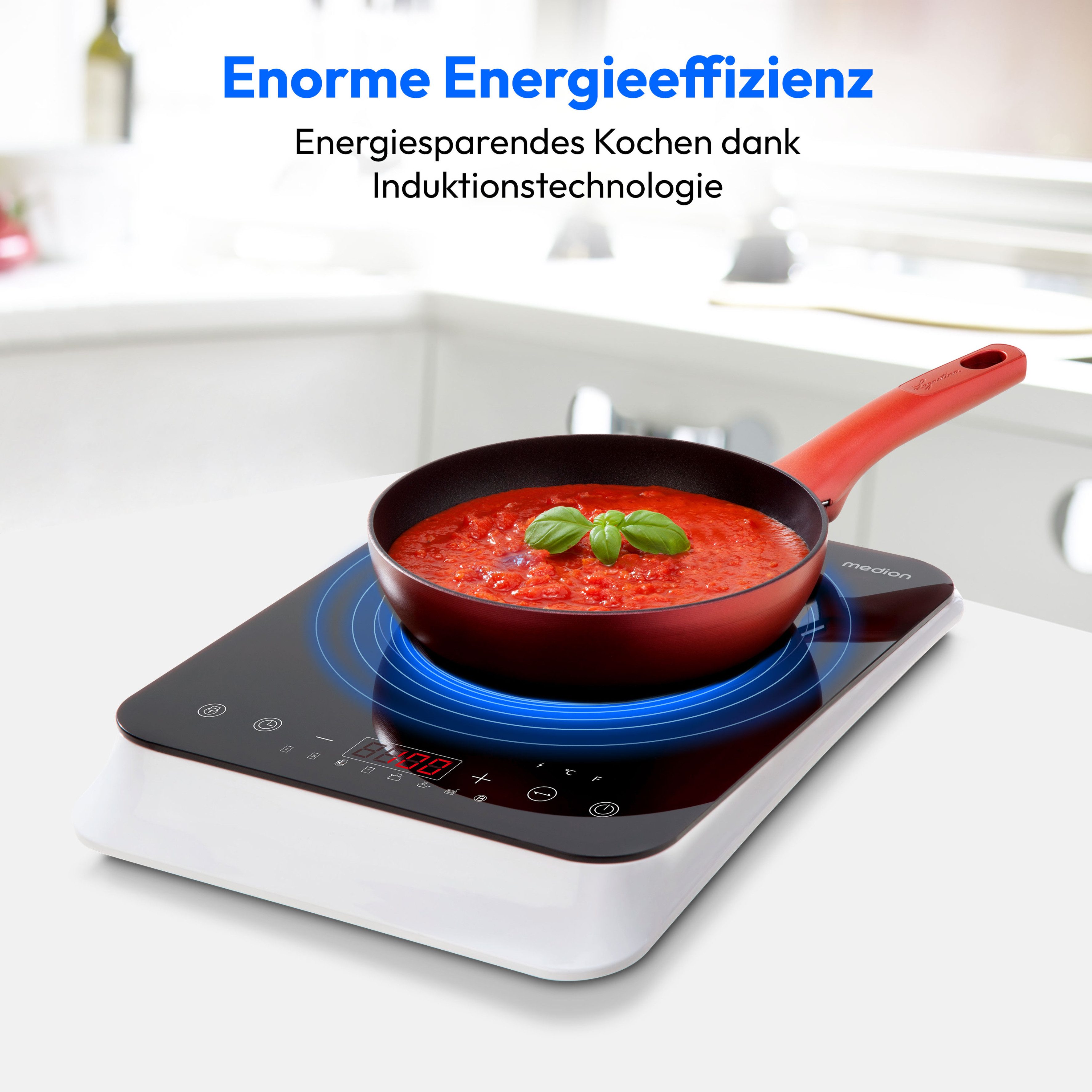 Medion® Einzel-Induktionskochplatte MD 18490, 2000 W Induktionsleistung, automatische Topferkennung, Timer, Temperaturbereich 60 - 240°, Sensor-Touch-Display, 8 Automatikprogr.