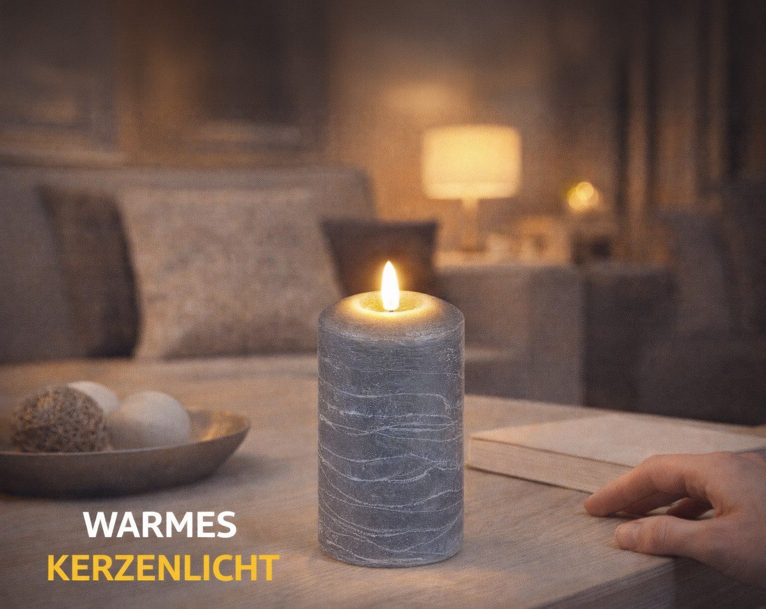 formano LED Dekolicht LED-Wachskerze Grau 12cm 3D Flackereffekt & Timer 6Std an/ 18Std aus, LED fest integriert