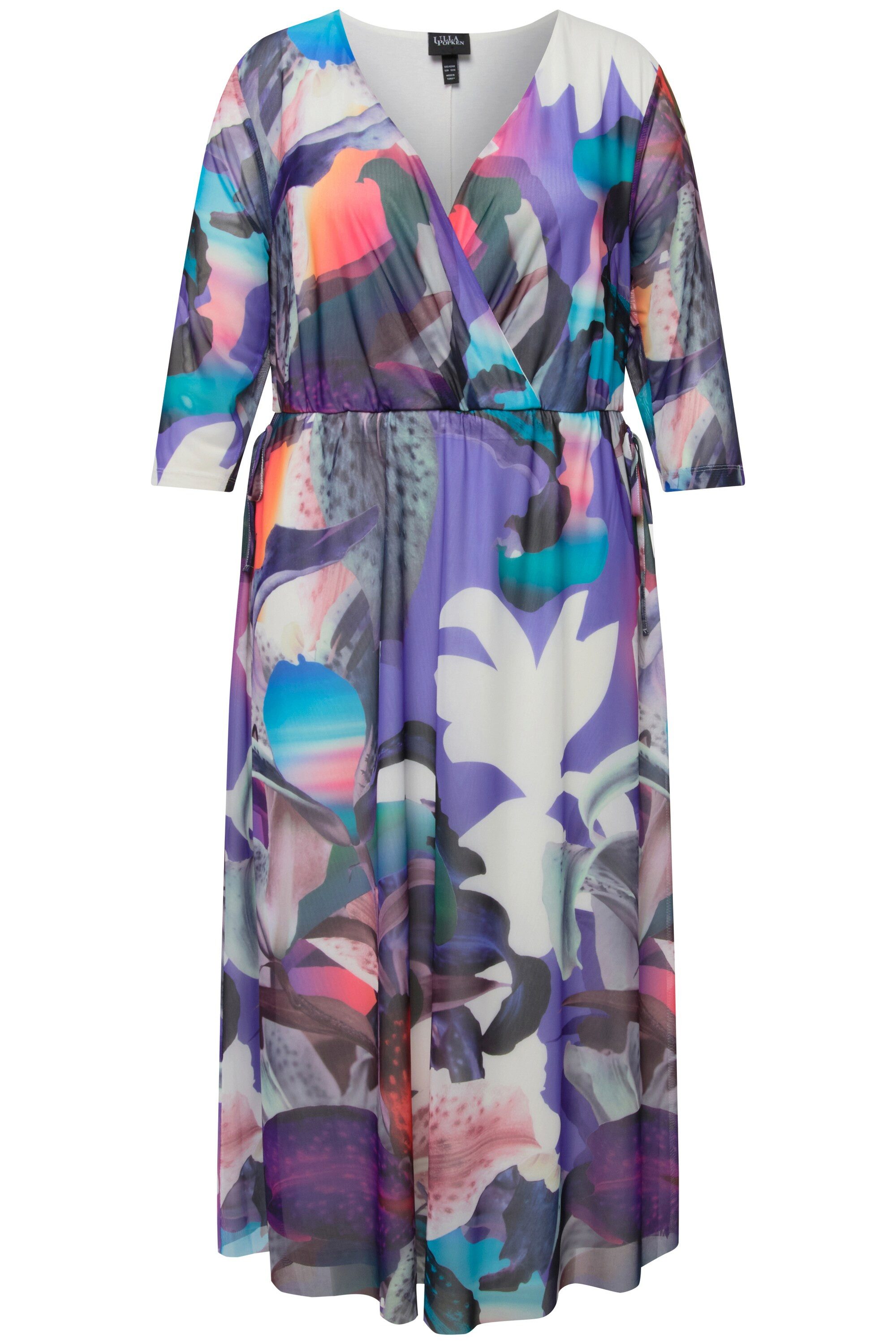 Ulla Popken Abendkleid Meshkleid Blüten Wickeloptik V-Ausschnitt 3/4-Arm günstig online kaufen