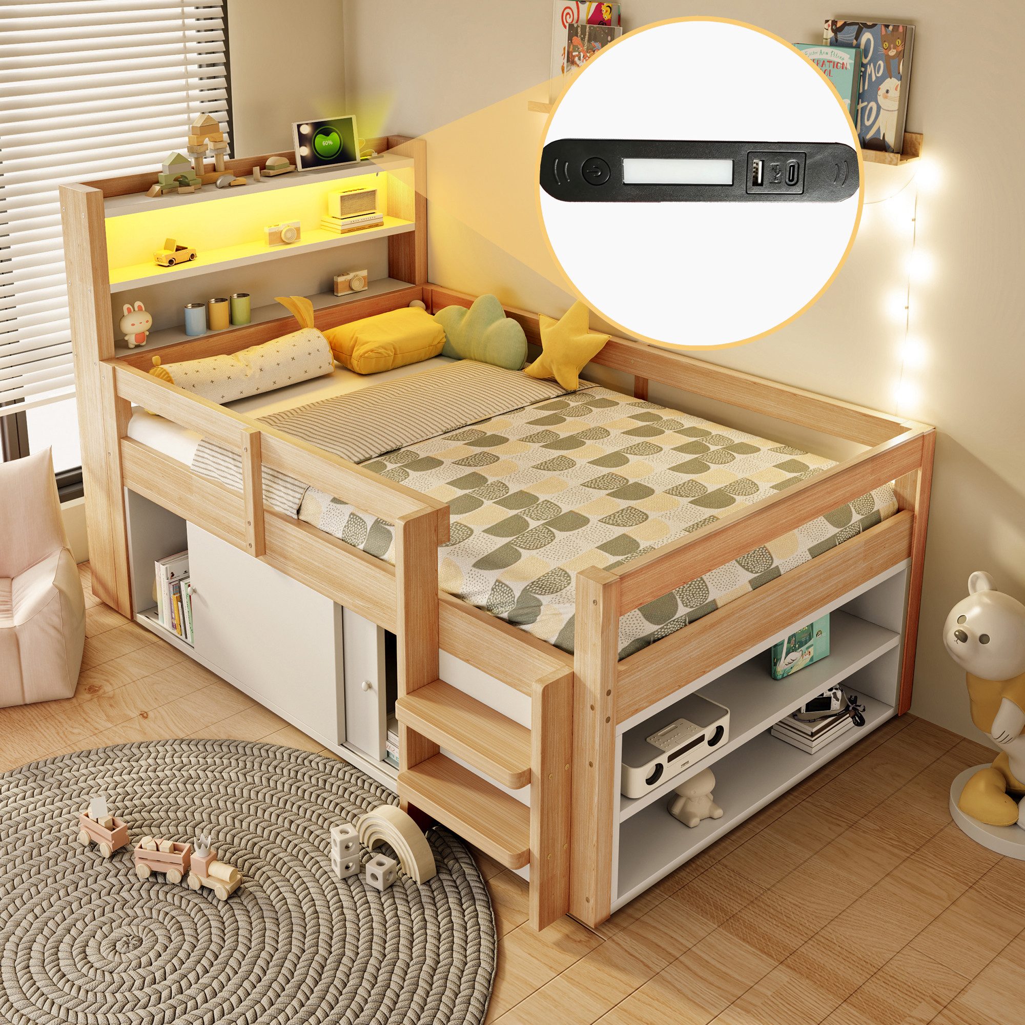 Celya Holzbett Kinderbett, 90 x 200 cm, mit LED-Beleuchtung und USB-Ladeanschlüssen (ohne Matratze, Mit Ablageflächen, Staufächern und Schränken mit Schiebetüren), ideal für Kinder- und Jugendzimmer