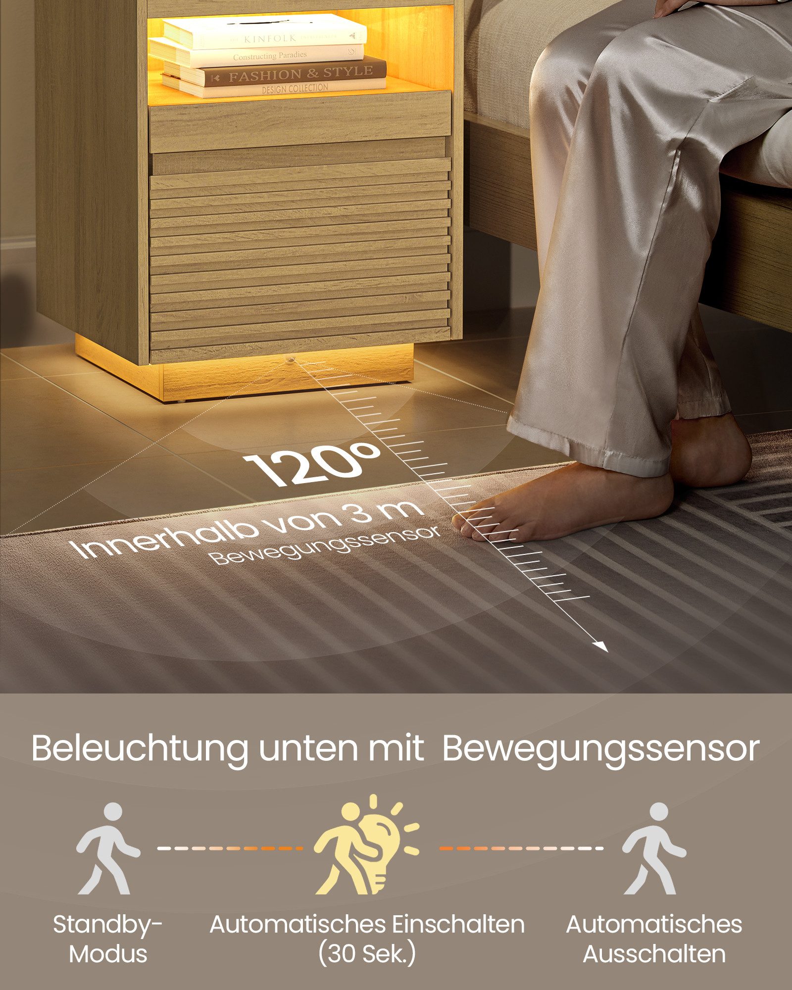 VASAGLE Nachttisch, mit LED-Beleuchtung, obere in 3 Farben, untere mit Bewegungssensor