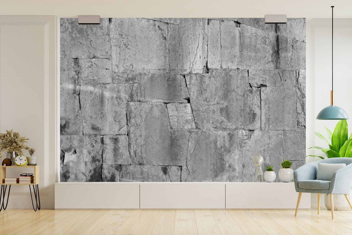 Wand - - für Wallpaper Steine Wohnzimmer, bedruckt, Weiß, Schwarz Vinyl Matt, - MuchoWow Schlafzimmer, - Kinderzimmer, (6 Tapete St), Kratzer Fototapete