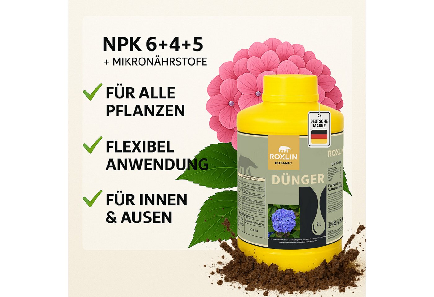 Thumbnail - Roxlin Gartendünger Hortensiendünger Dünger 2L – Flüssigdünger für alle Hortensien