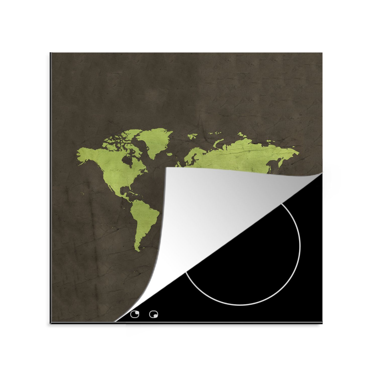 MuchoWow Herdblende-/Abdeckplatte Weltkarte Grün, - Arbeitsplatte - (1 Ceranfeldabdeckung, tlg), Topographie Vinyl, cm, küche 78x78 für