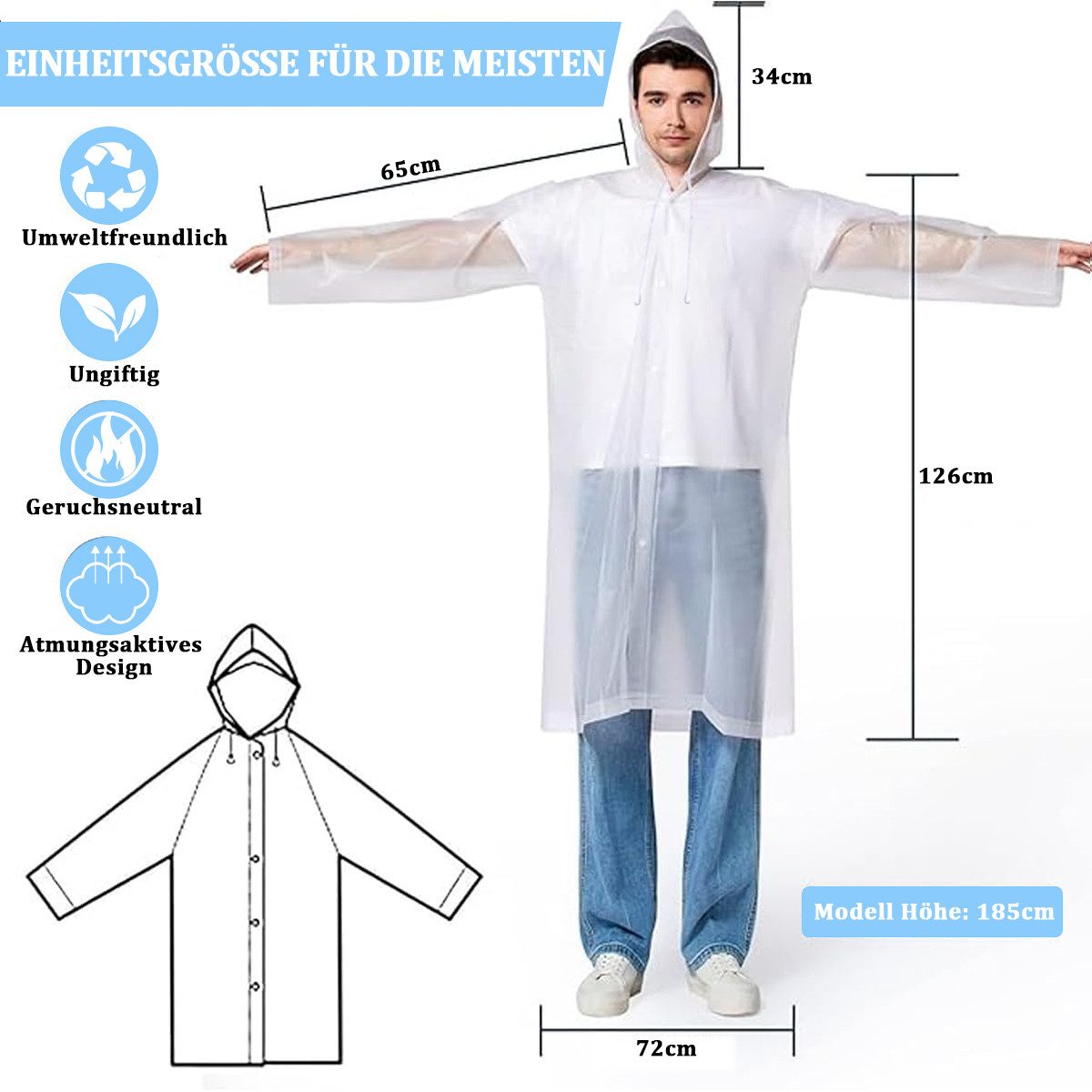 MOPUEA Regenmantel Regenmantel 2 Stück Durchsichtiger Regenponcho für Erwachsene (Set, 2-tlg., leicht, tragbar und wiederverwendbar) Vielseitiges Design mit Kapuze und elastischen Bündchen, windfest.