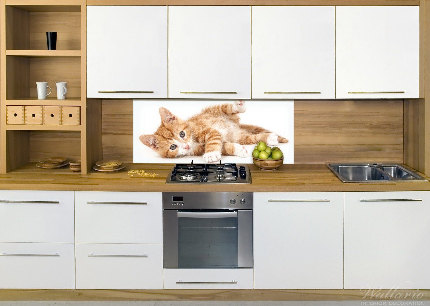 Wallario getigert, Süße - Katze Küchenrückwand mit weiß großen Augen rot (1-tlg)