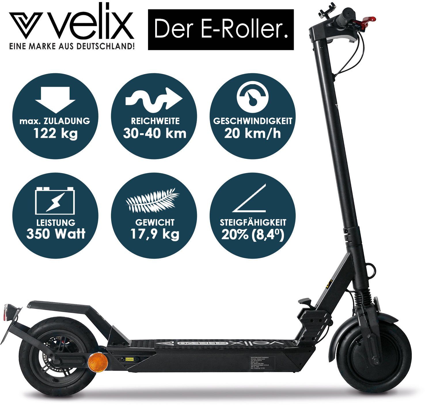 Sport Scooter velix E-Scooter E-Kick 20, V. 2021, 350 W, 20 km/h, (mit Schutzblechen)