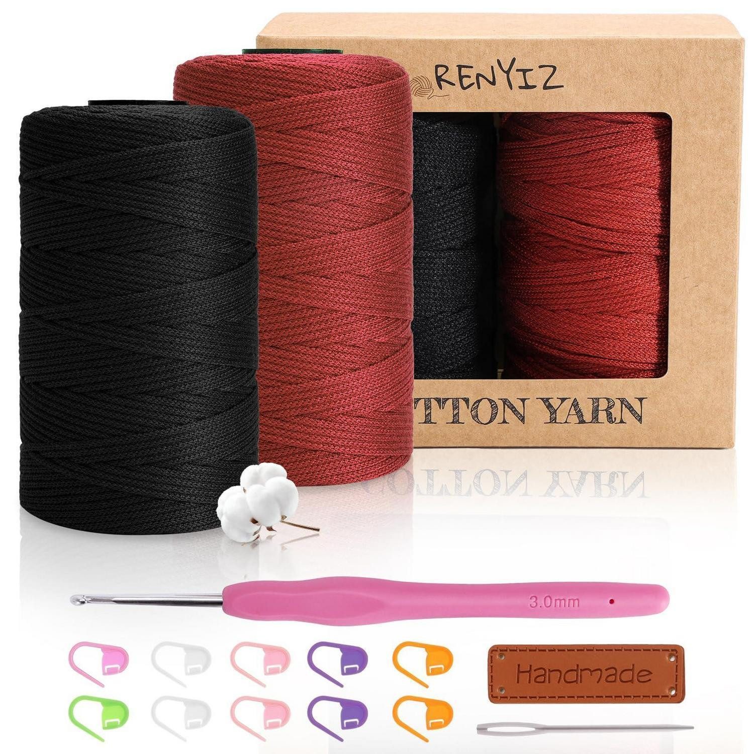 LuxusKollektion Makramee Garn Set Baumwolle 2.5mm Schwarz-Rot inkl. Nadel Häkelwolle
