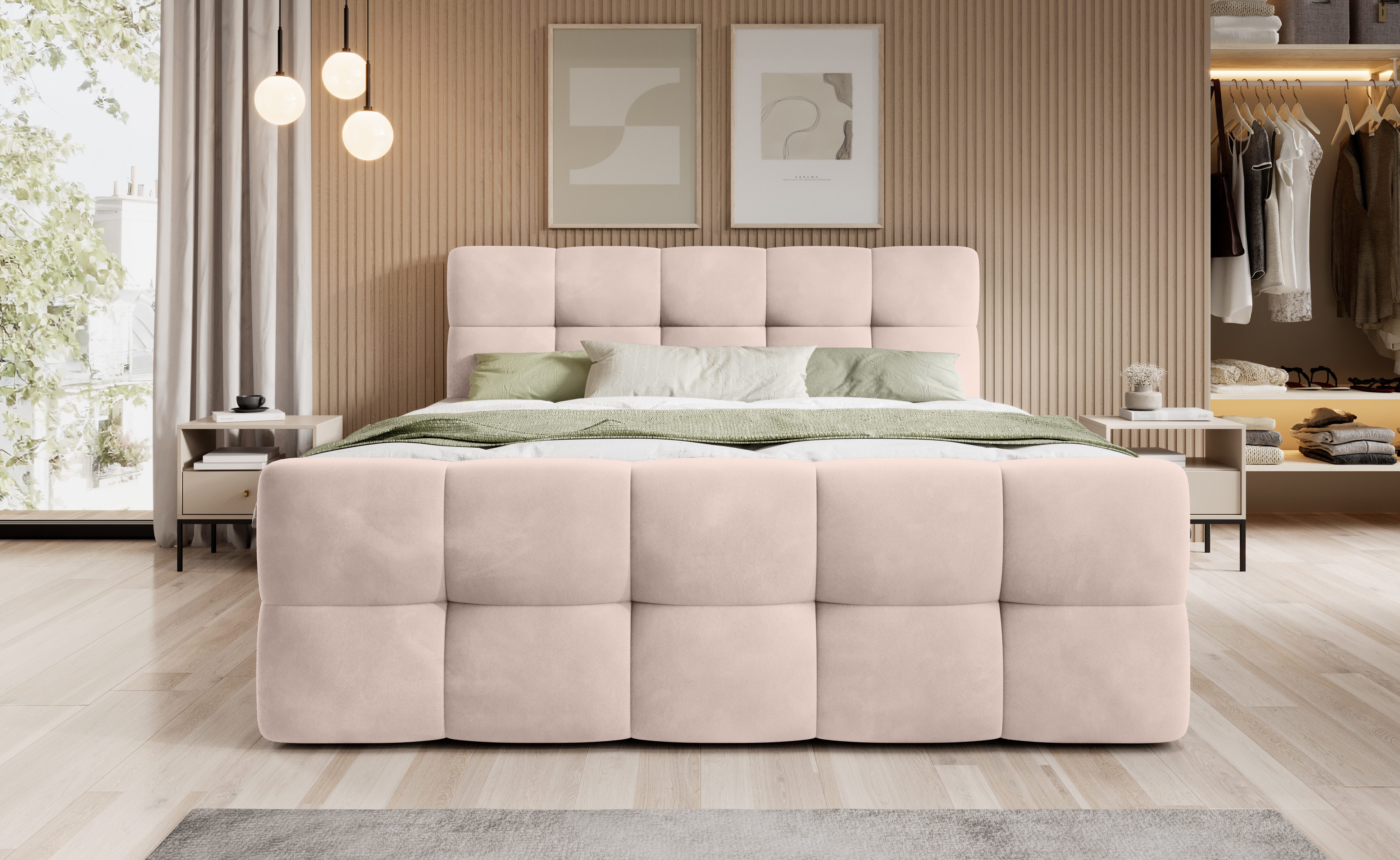 thematys Boxspringbett mit Bettkasten 140x200–200x200 cm – Velours oder Bouclé Bezug – (Polsterbett Bonnellfederkern Matratze H3 + Gratis 3cm Topper, Boxbett - Luxus Doppelbett mit Stauraum)