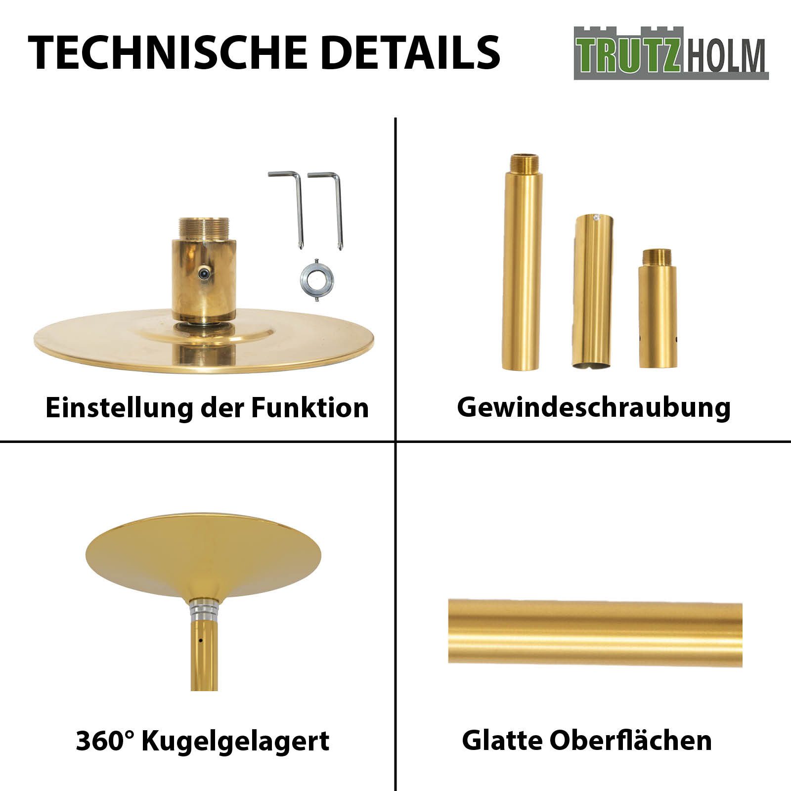 TRUTZHOLM Pole Dance Stange Tanzstange Gold Profi 231–274 cm Ø45 mm Static & Spinning, Höhenverstellbar, für Zuhause, Party, Club