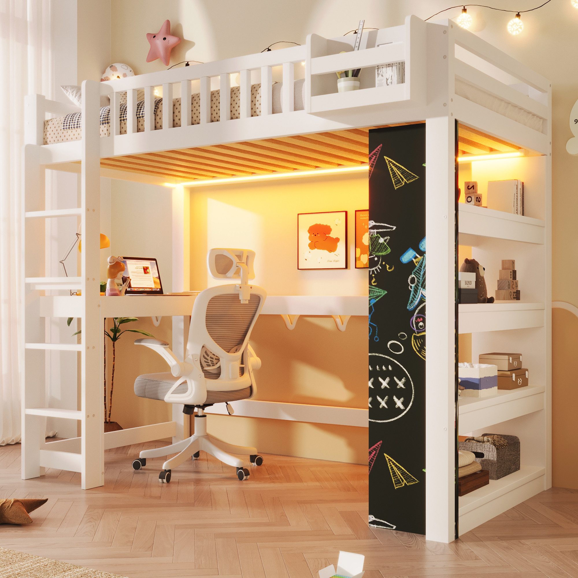Flieks Hochbett Kinderbett 90×200cm mit Kreidetafel Schreibtisch Regal LED-Beleuchtung