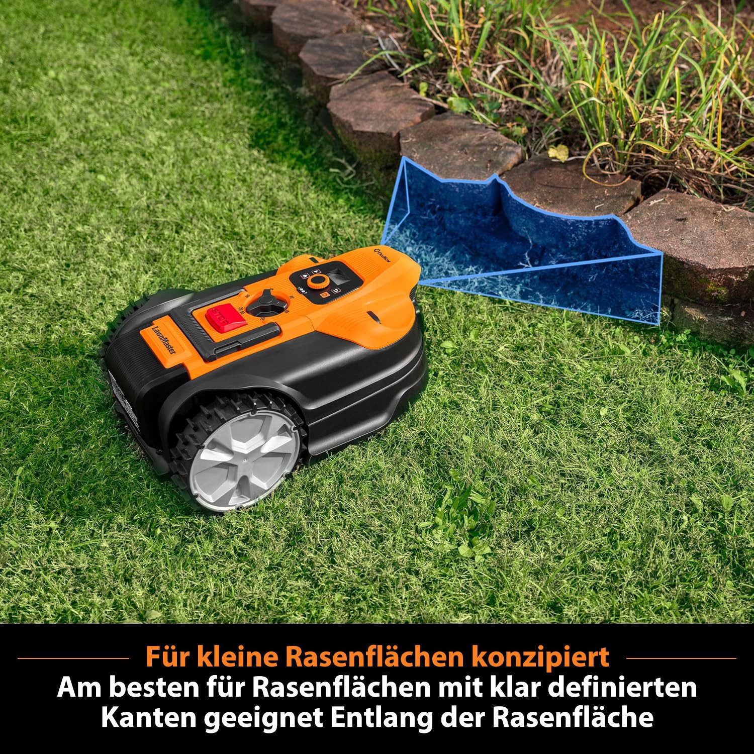 Lawnmaster robotic lawnmower without boundary wire, with 2Ah battery, for lawns up to 500 m², WiFi & Bluetooth app, automatic charging station, no-go zone function