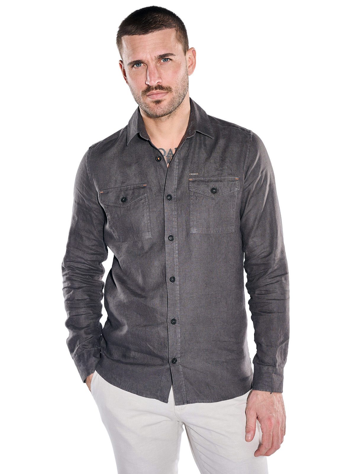 Langarmhemd Herren Overshirt aus Leinen, Anthrazit