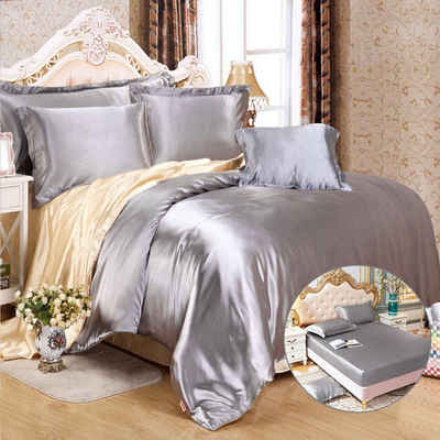 Bettdecke, Kopfkissen + Topper, Satin Seide Bedding 4 teilig Bettwäsche Set Bettbezug Atmungsaktiv, DEBAIJIA