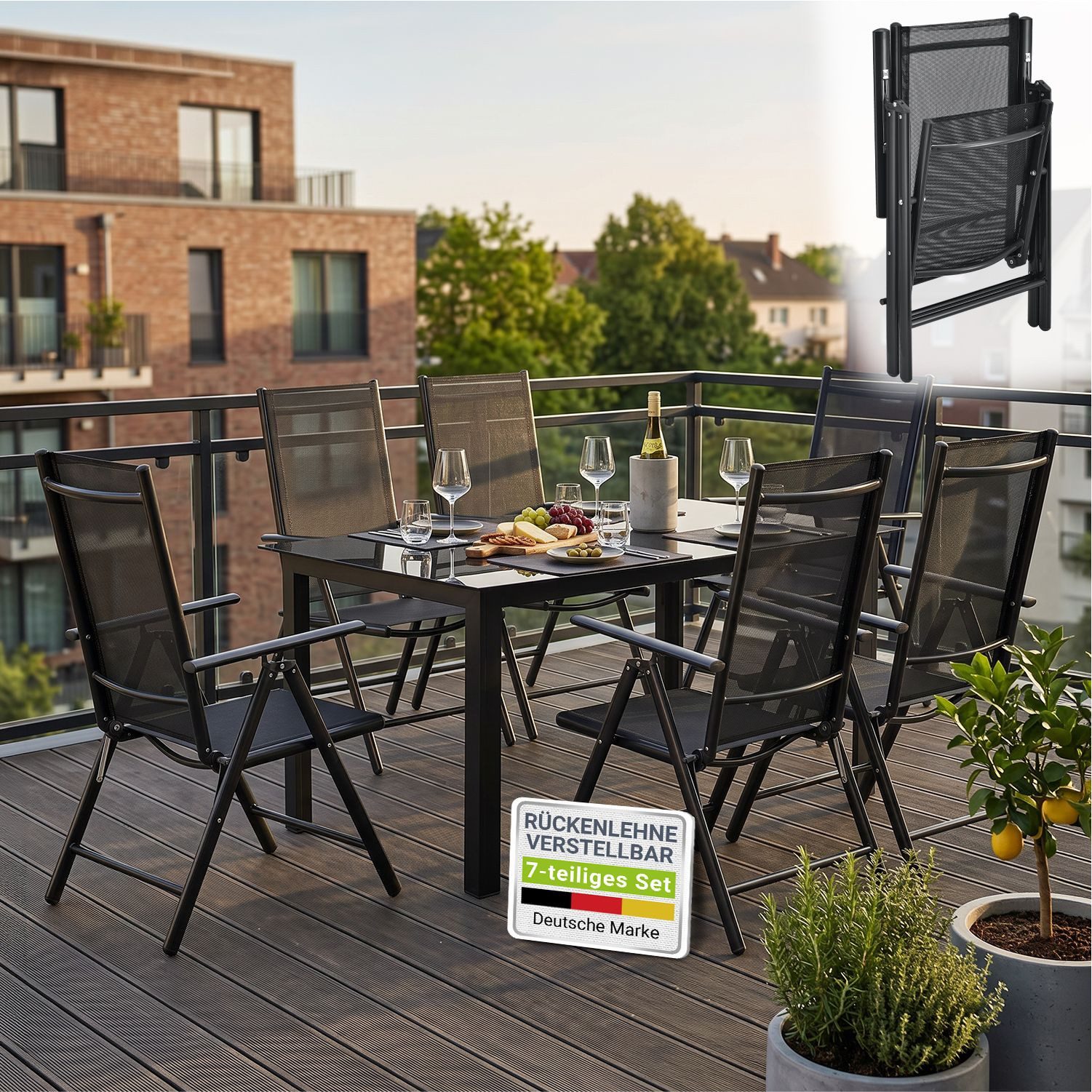 Juskys Garten-Essgruppe Milano, (7-tlg), 6 Gartenstühlen plus Tisch - Stühle klappbar und verstellbar