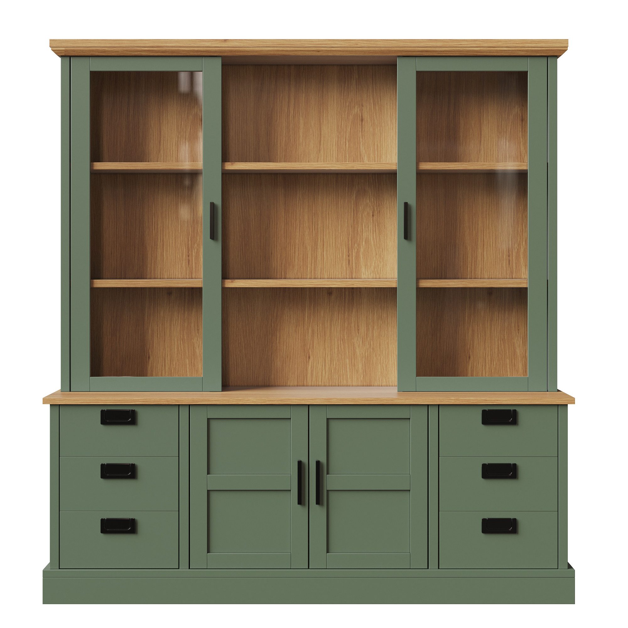 Flieks Küchenbuffet Glasvitrine Hochschrank mit 2 Glastüren und 6 Schubladen (1-St., B140/T40/H185 cm) Mehrzweckschrank Multifunktionsschrank Bücherregal Dunkelgrün & Natur