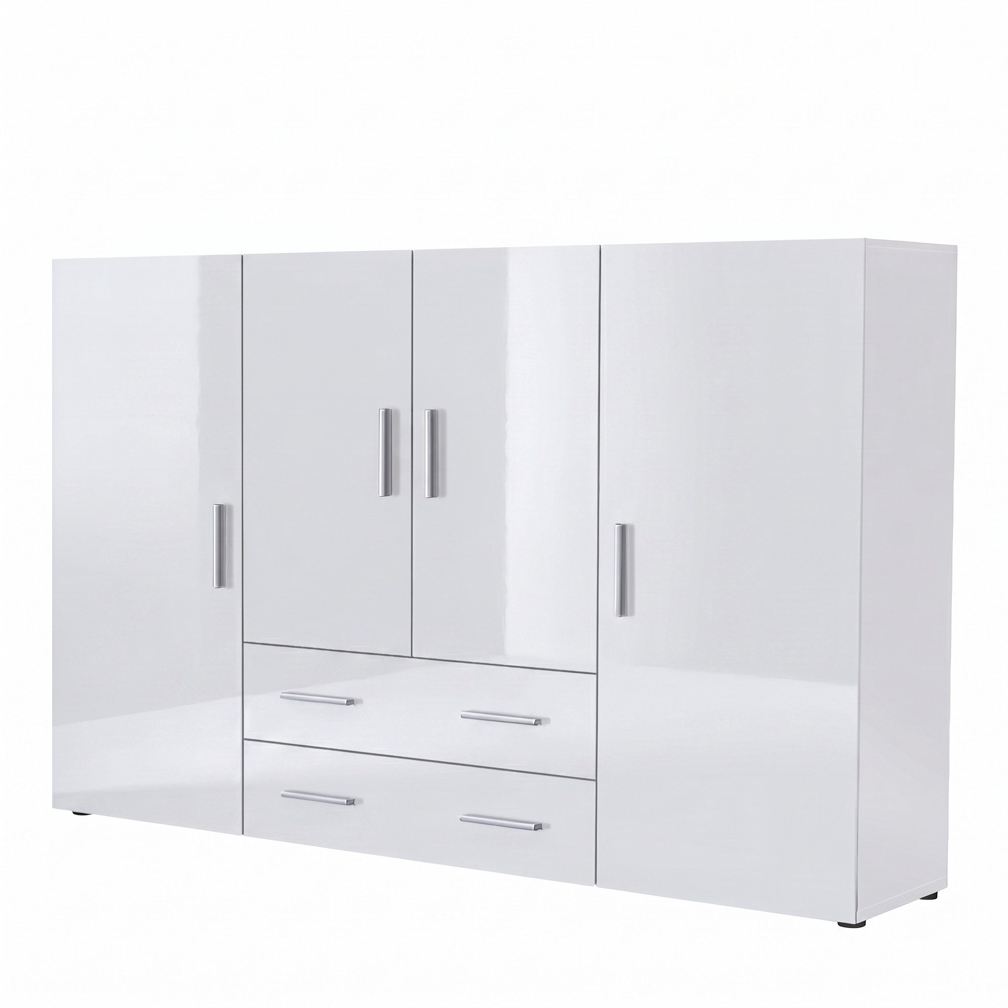 Vladon Highboard Nora (Anrichte mit 2 Schubladen, und 4 Türen mit insgesamt 8 Fächer dahinter), Weiß matt/Weiß Hochglanz (166,5 x 106,5 x 35 cm)