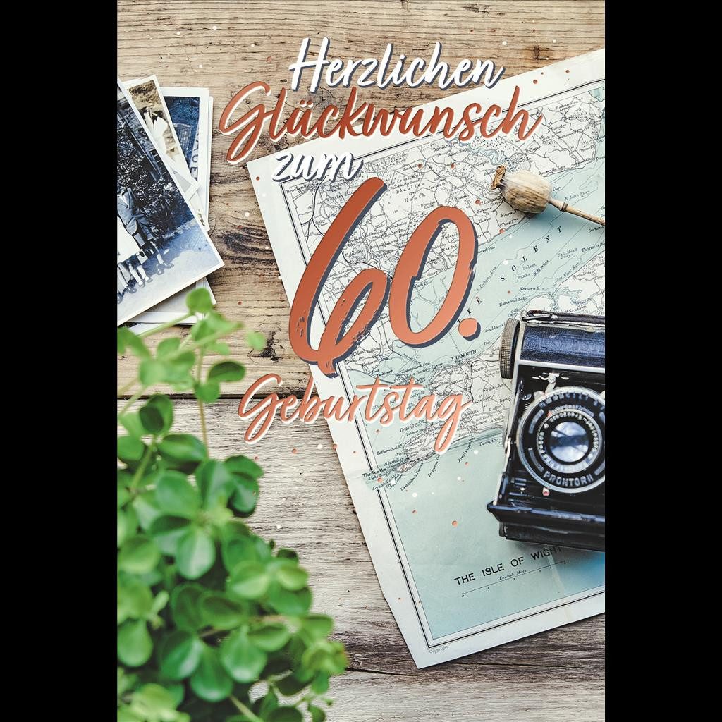 Grußkarten 60. Geburtstag - Karte mit Umschlag - Landkarte - mit rosegoldener