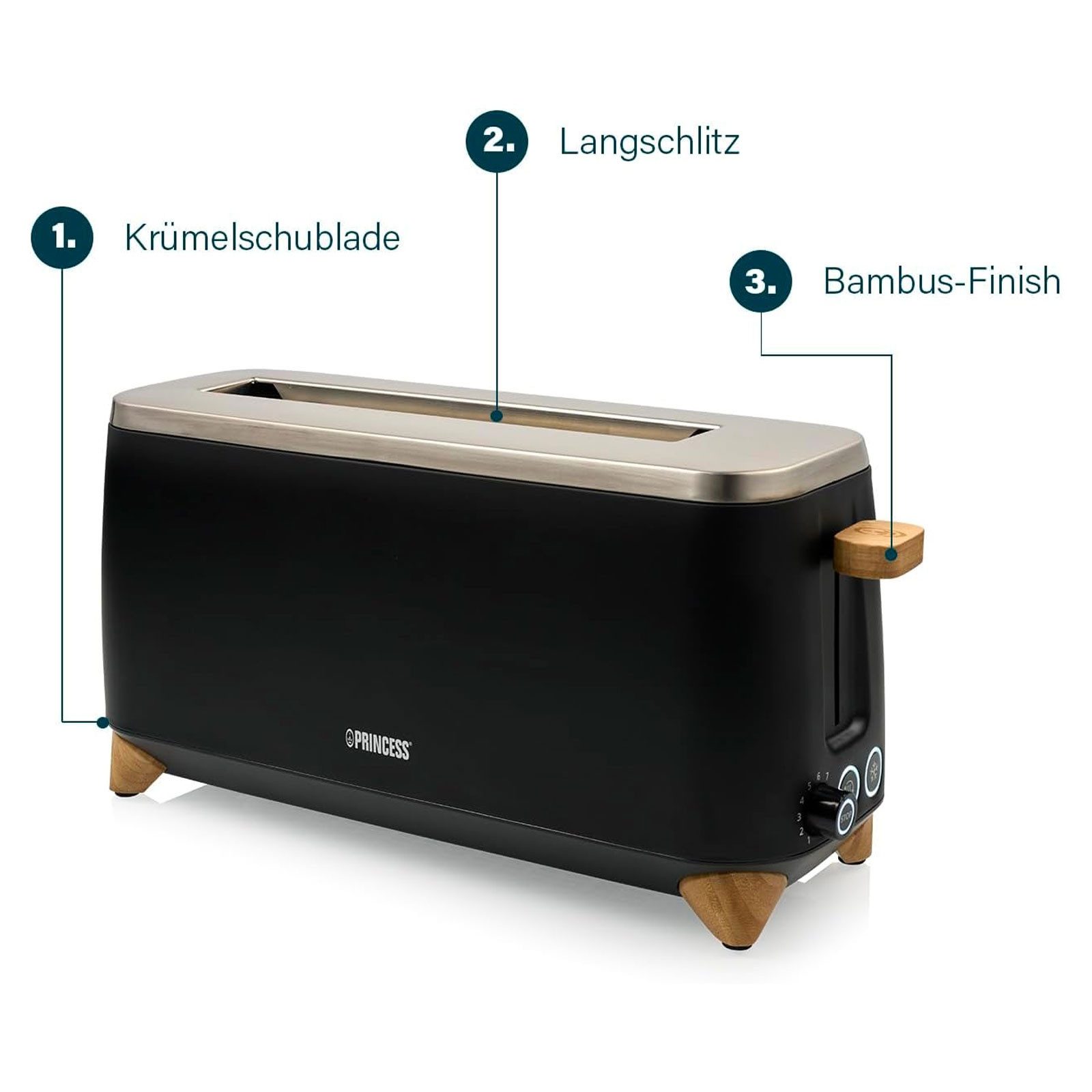PRINCESS Toaster 142361 Pure Toaster, Auftau- und Aufwärmfunktion, entnehmbare Krümelschublade