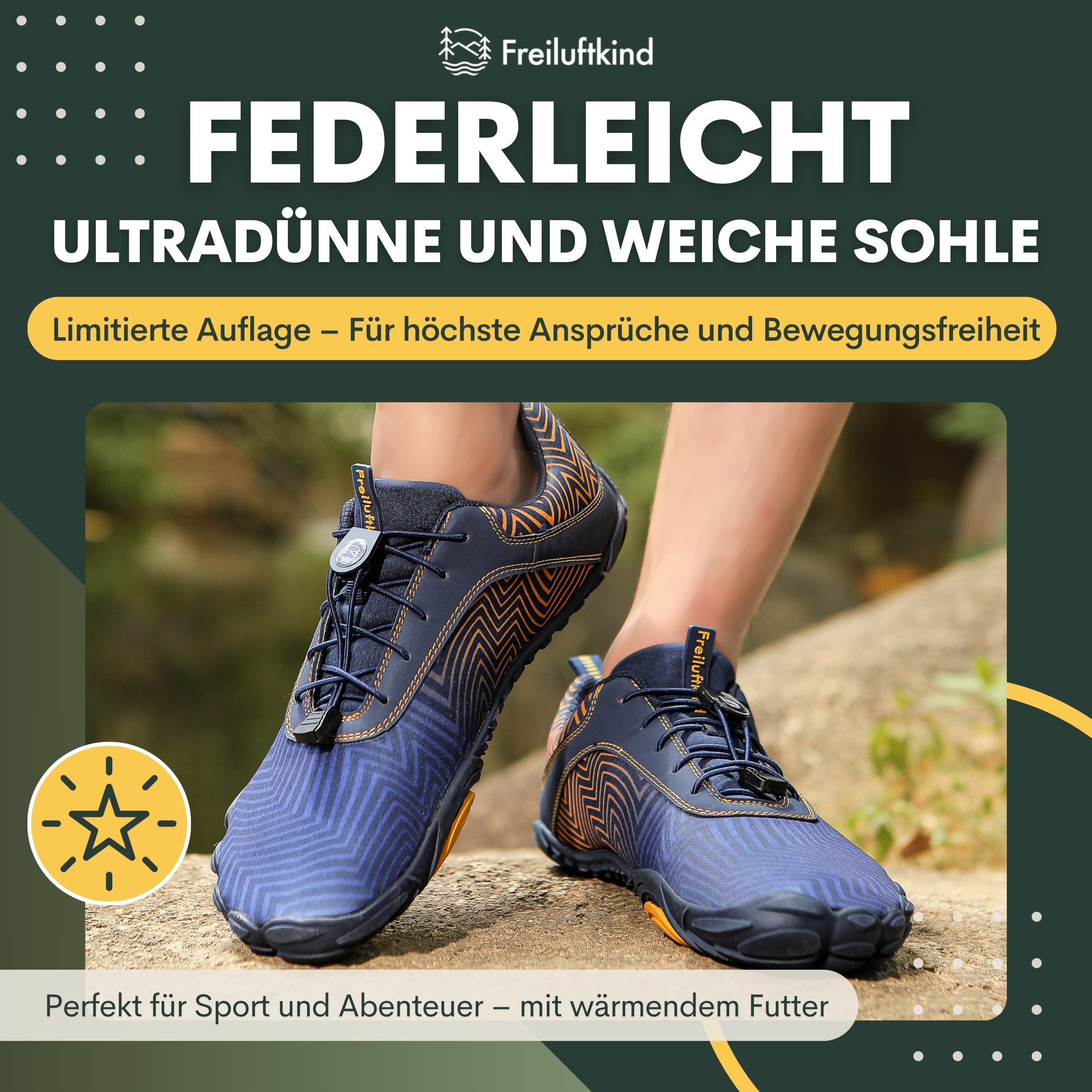 Freiluftkind Das Original – Overland Wasserabweisende & gefütterte Barfußschuhe Sneaker Schnürsenkel