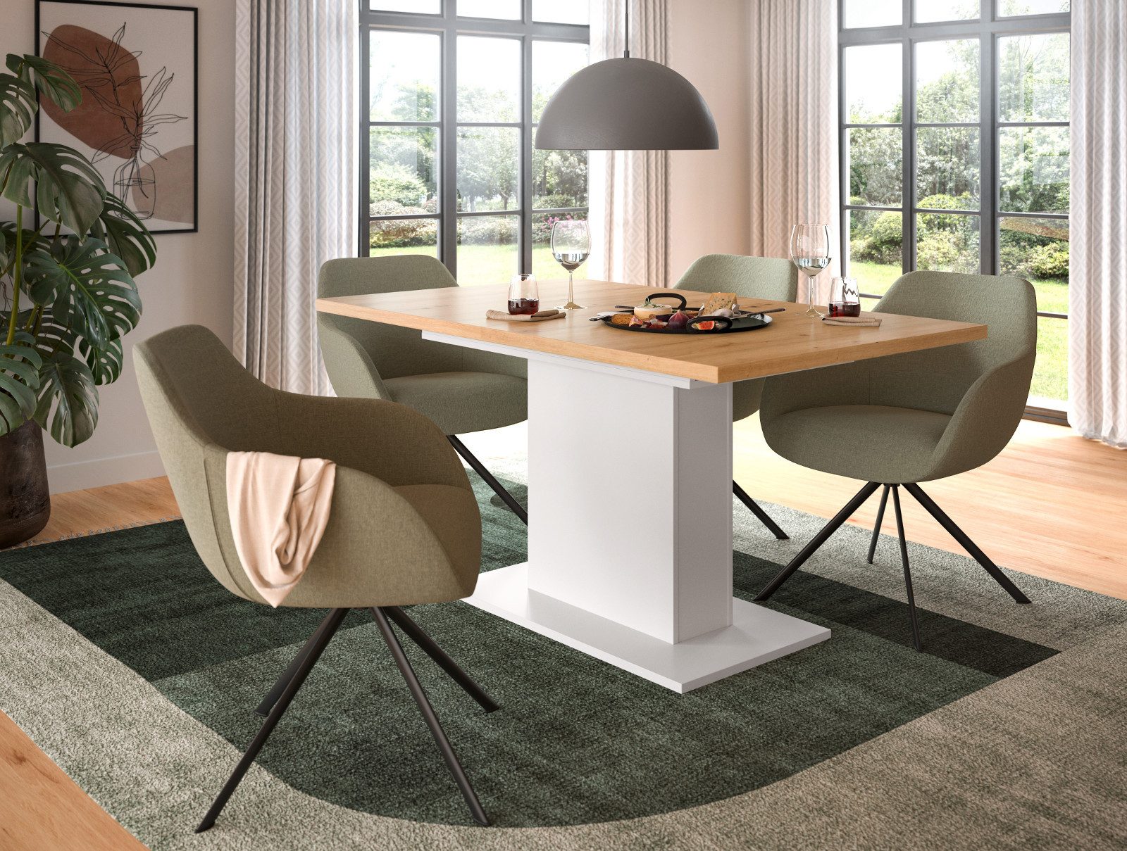 Inn.Furn Säulen-Esstisch Home-X (Küchentisch in weiß und Eiche Artisan, ausziehbar 150 - 190 cm), Melaminbeschichtet, bis zu 8 Personen