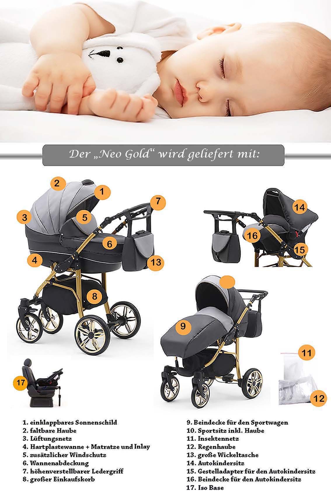 BabyMerc Kombi-Kinderwagen Neo Gold 5 in 1 inkl. Sportsitz, Autositz und Iso Base in 22 Farben
