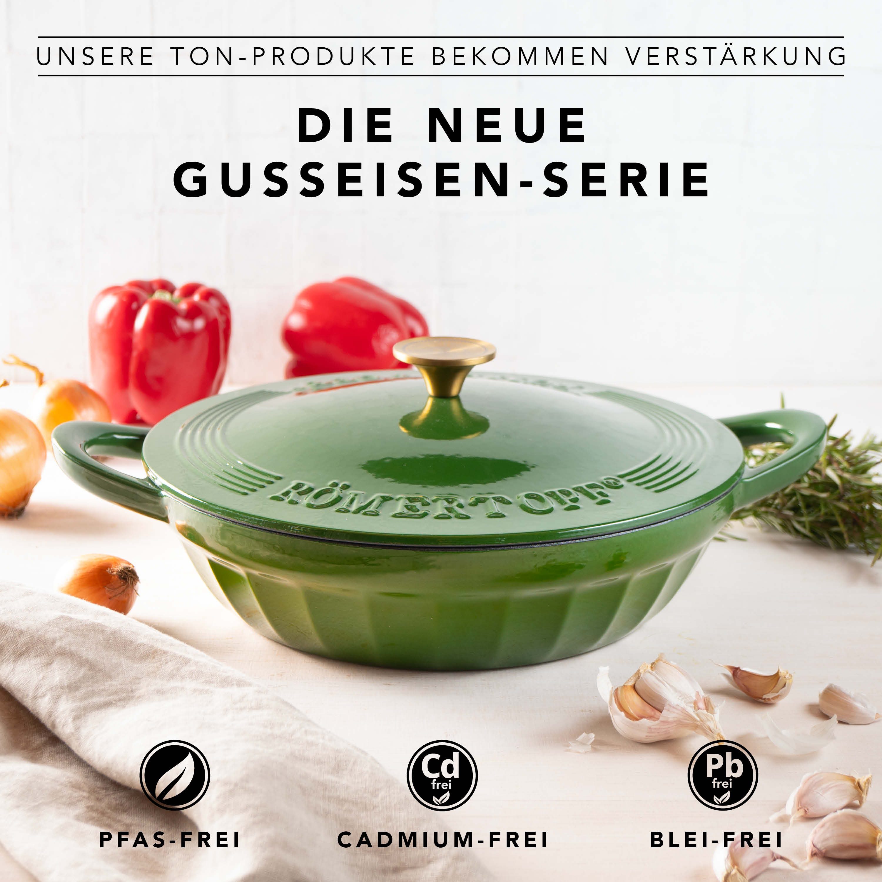 RÖMERTOPF Schmorpfanne Gusseisen Schmorpfanne 28cm Grün, Gusseisen (Set, 1-tlg., Set), Alle Herdarten, Pflegeleichte Emaille-Beschichtung