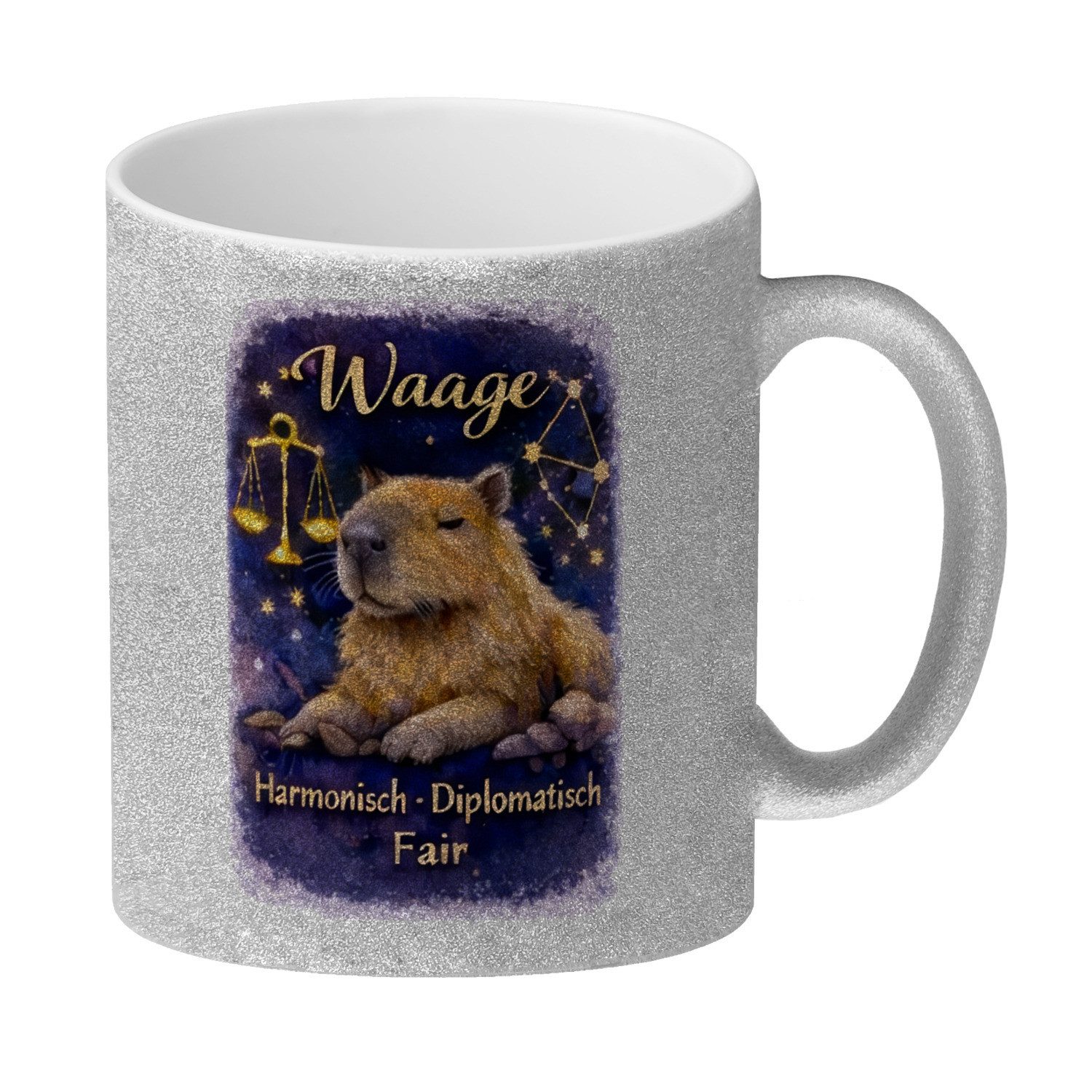 speecheese Tasse Waage Sternzeichen Cabybara Glitzer-Kaffeebecher für Astrologie Fans