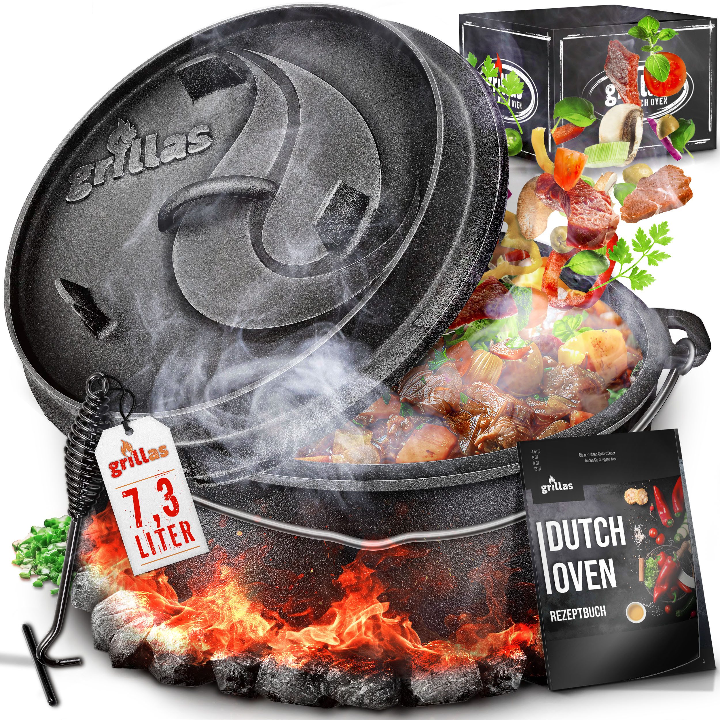 grillas Grilltopf grillas Dutch Oven Set mit Deckelheeber BBQ Gusseisen Feuertopf Gussto, Gusseisen (Dutch Oven Set), Henkel