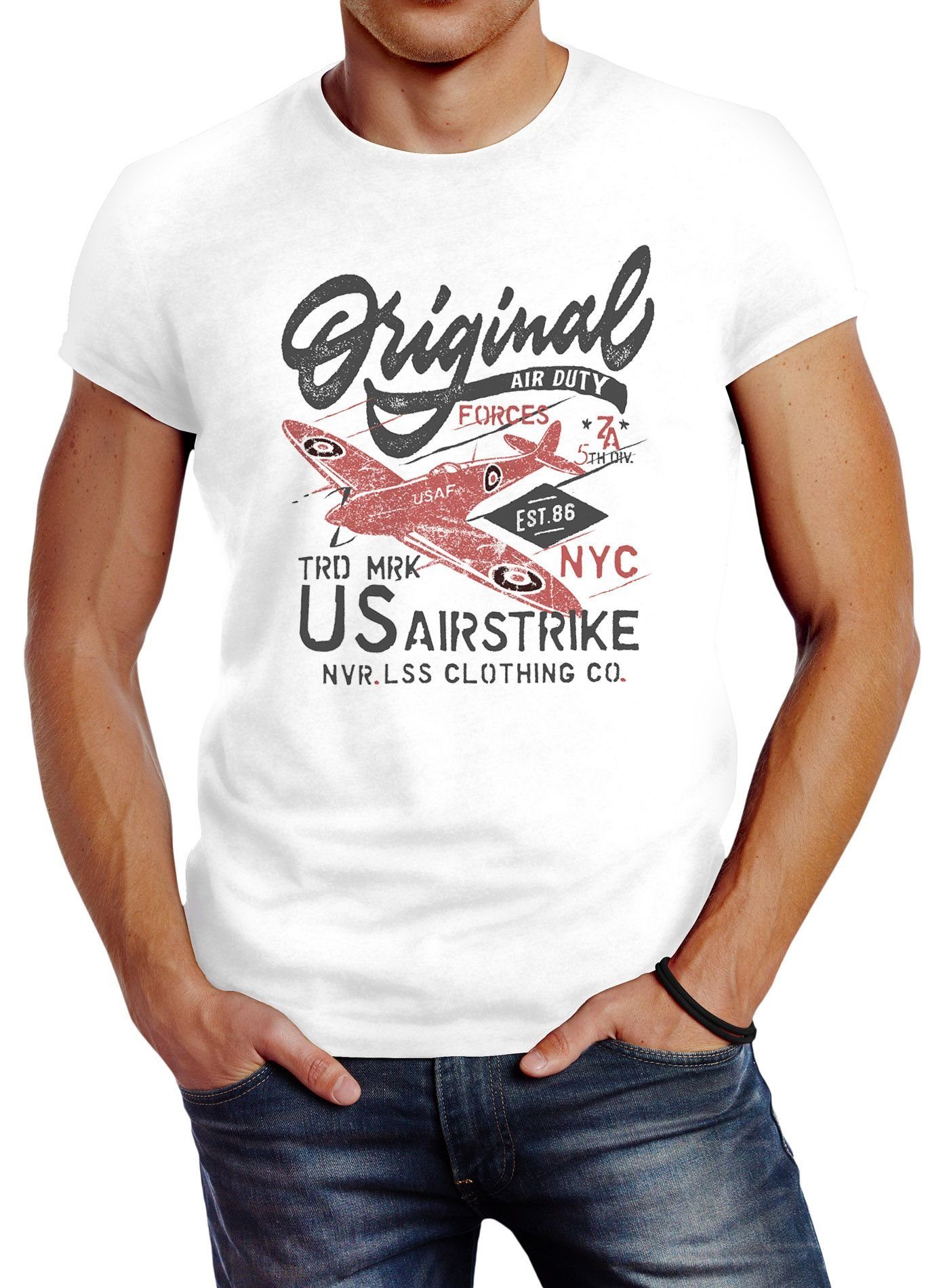 Neverless Print-Shirt Herren T-Shirt US Airforce Army Motiv Spitfire Flugzeug Vintage Motiv Retro Schriftzug Fashion Streetstyle Neverless® mit Print weiß