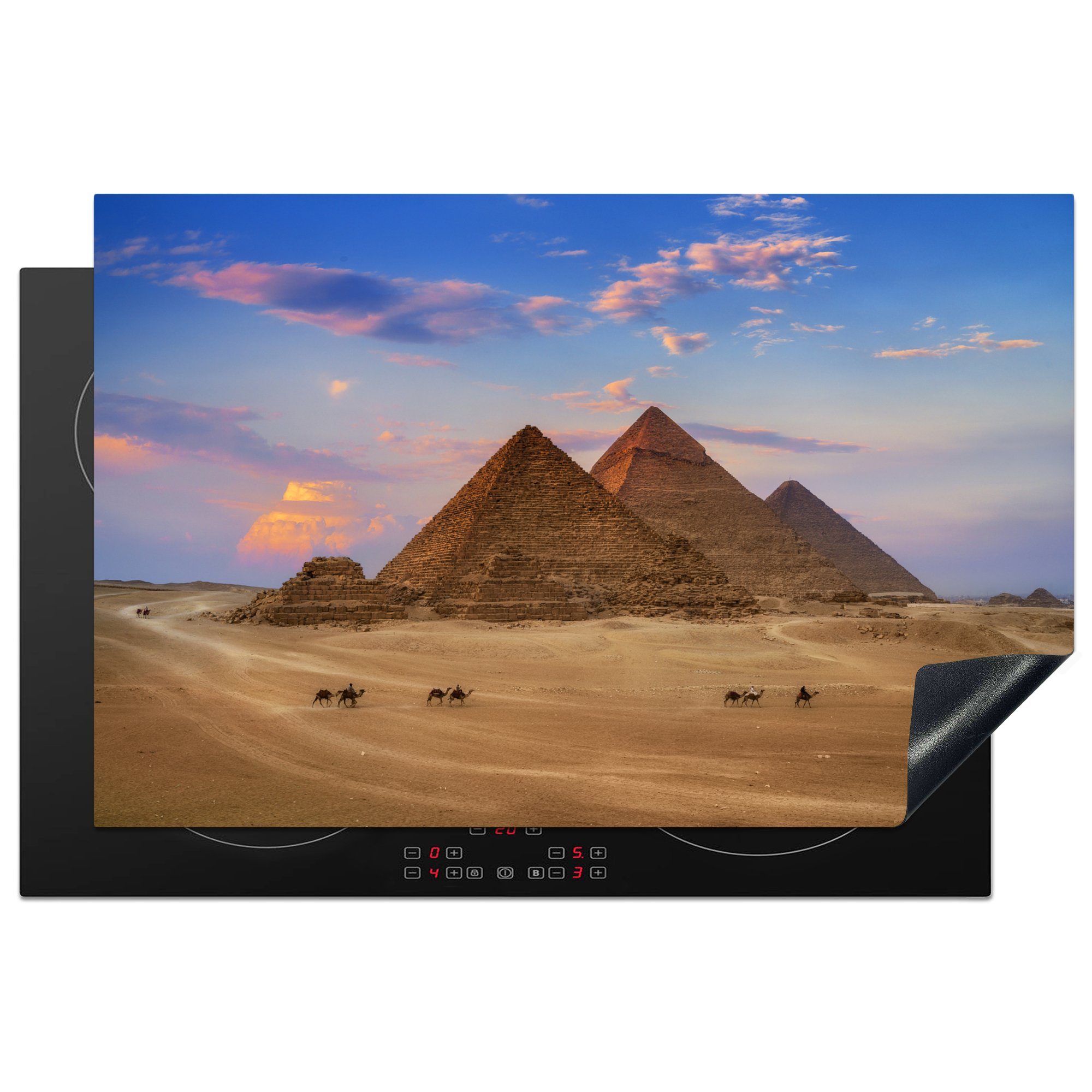 MuchoWow Herdblende-/Abdeckplatte Menschen auf Kamelen bei den Pyramiden von Gizeh in Ägypten, Vinyl, (1 tlg), 81x52 cm, Induktionskochfeld Schutz für die küche, Ceranfeldabdeckung