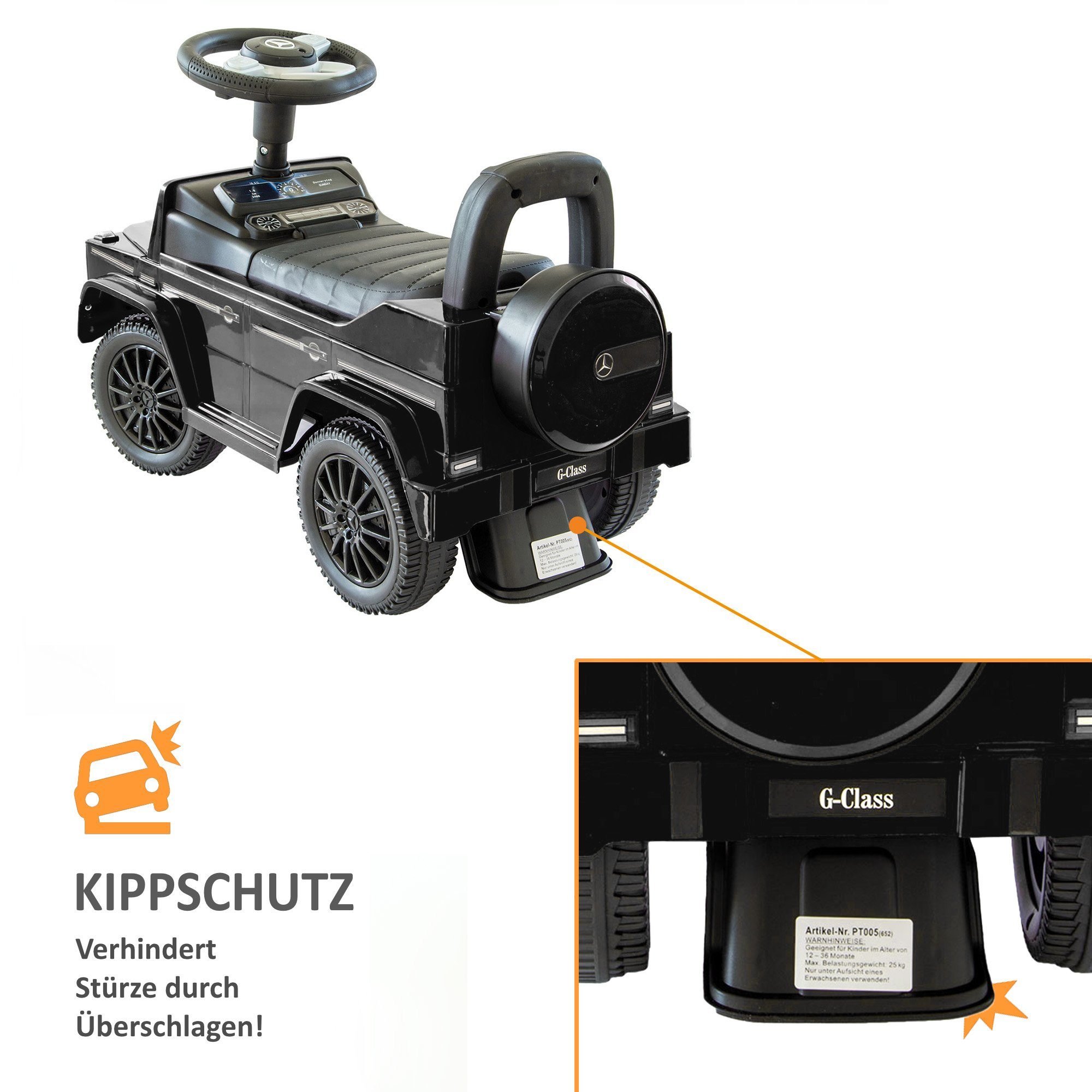 Lemodo Rutscherauto Babyrutscher Mercedes G350d, leiselaufende Kunststoffräder, mit Soundlenkrad – Bild 4 von 5