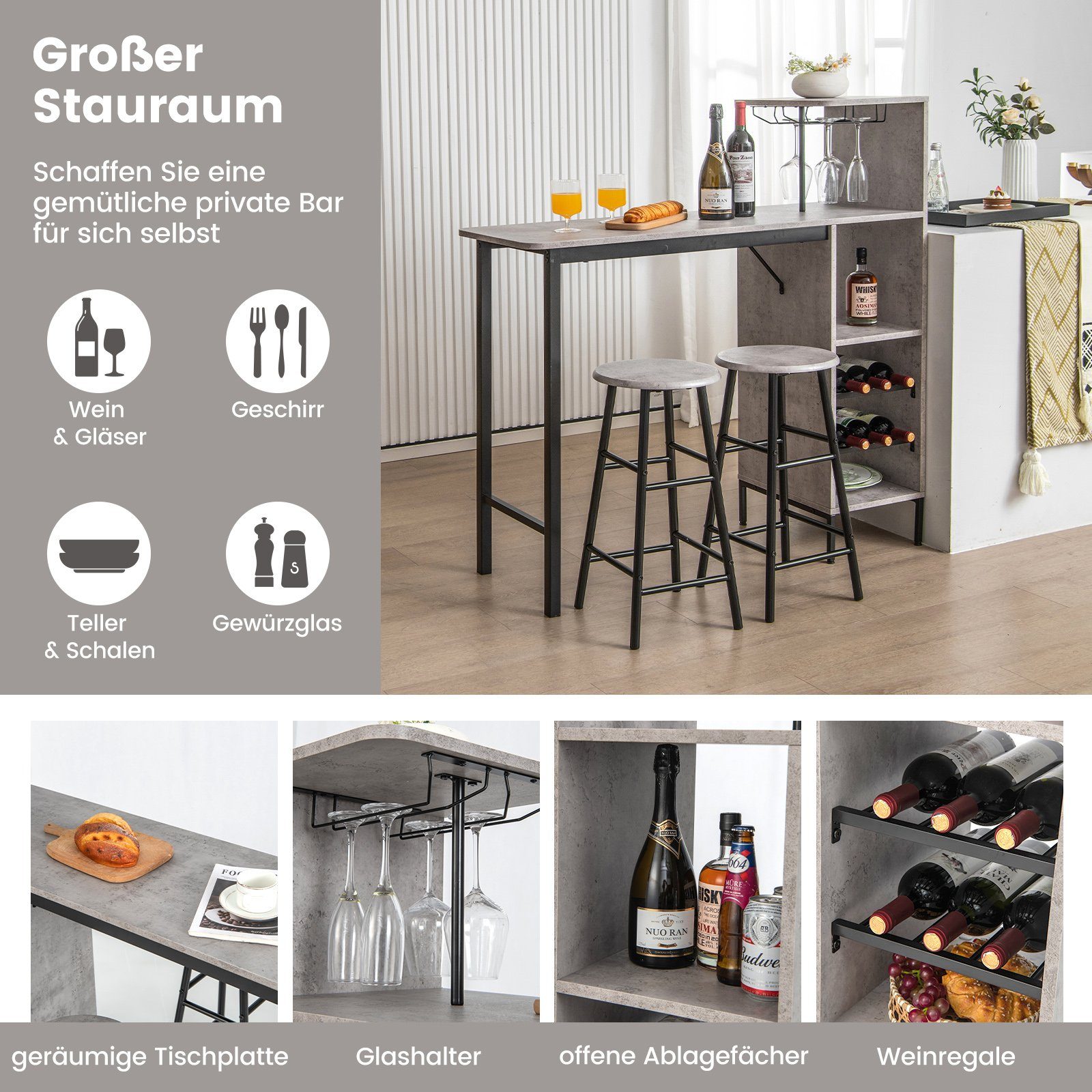 COSTWAY Bartisch (3 TLG. mit Hockern), mit Weinregal & Halterungen