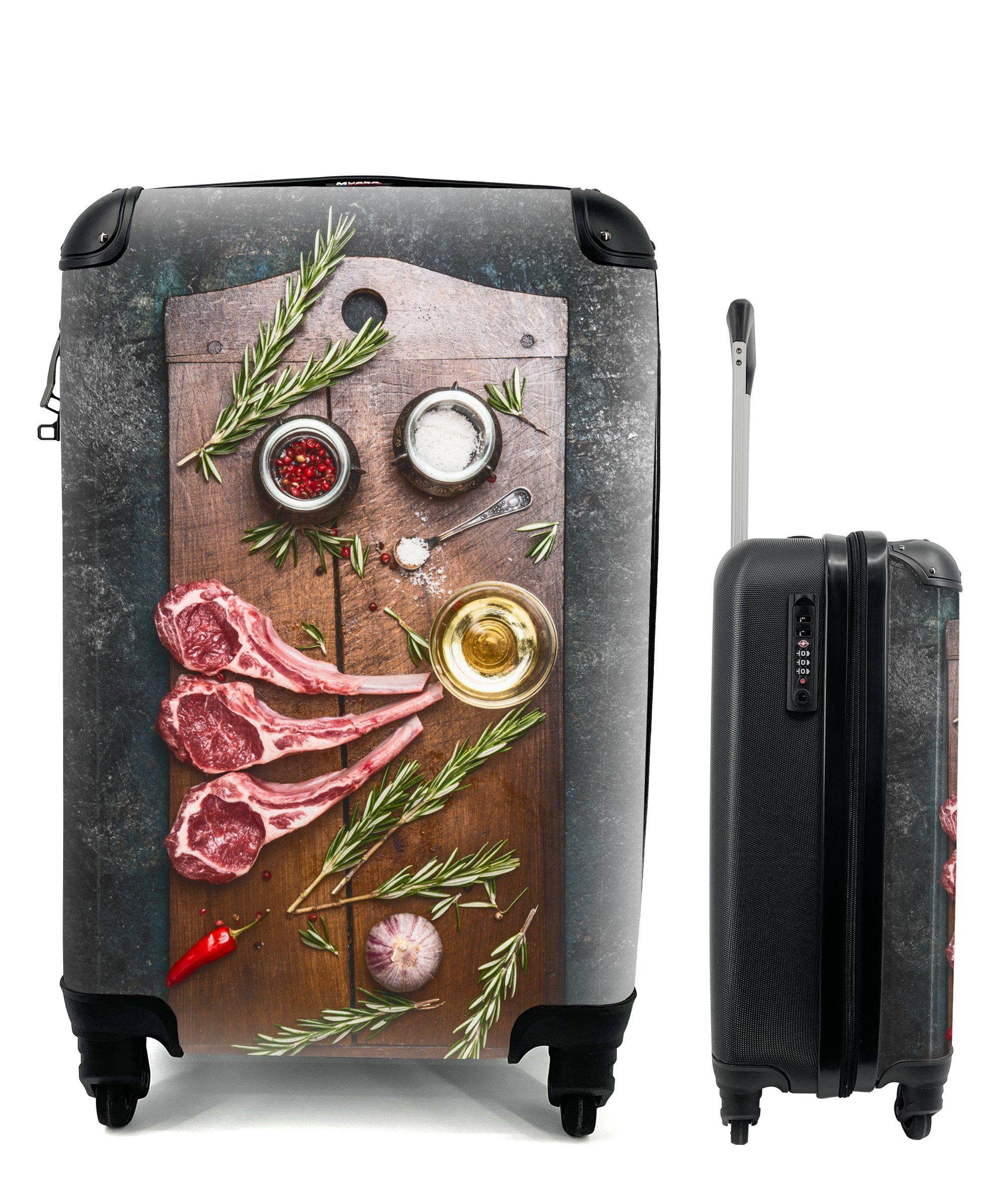 MuchoWow Handgepäckkoffer Lammfleisch auf einem dunklen Holzschneidebrett, 4 Rollen, Reisetasche mit rollen, Handgepäck für Ferien, Trolley, Reisekoffer