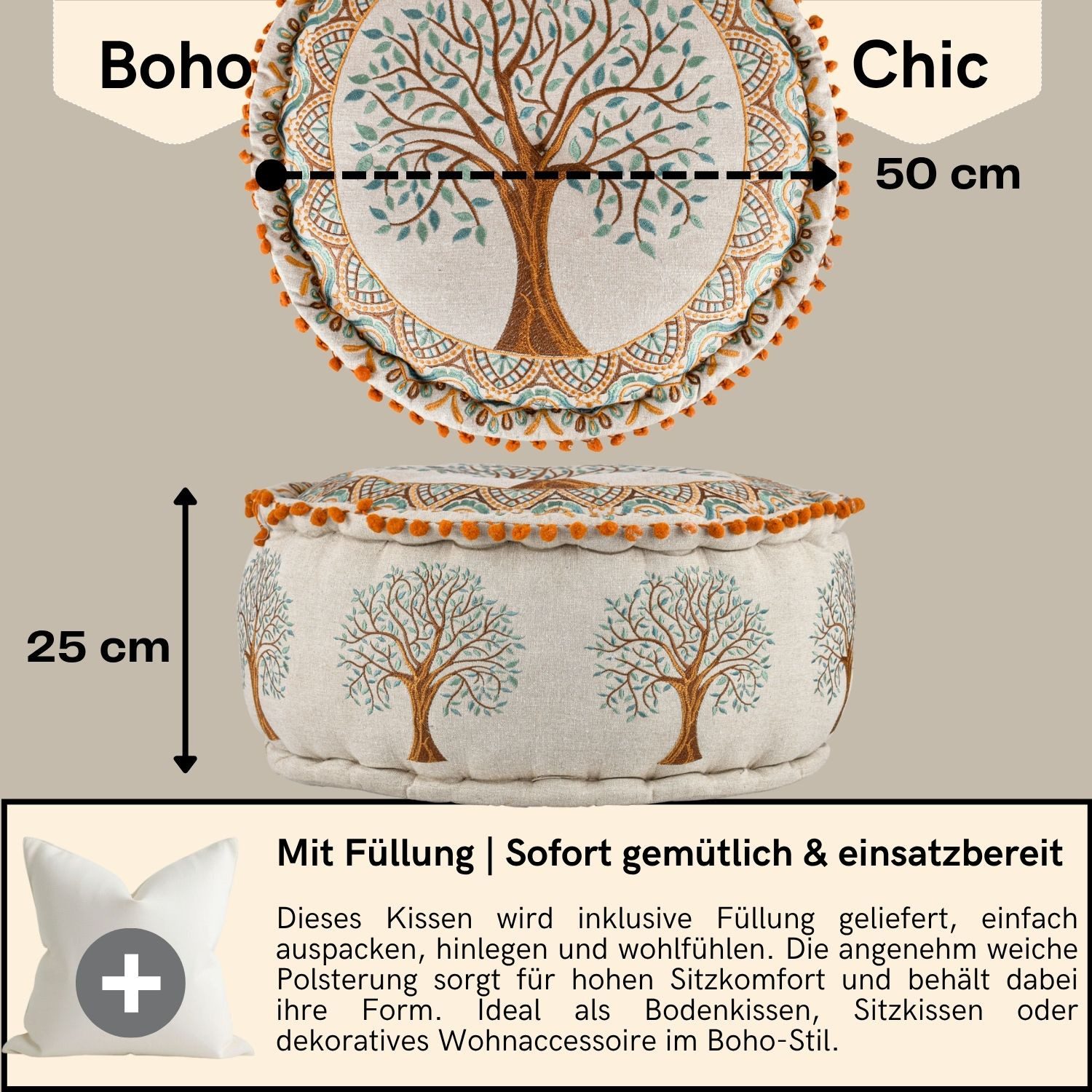 Marrakesch Orient & Mediterran Interior Pouf Pouf Guansha Braun, Sitzkissen 50x25 cm, Baumwolle bestickt, gefüllt (1-St), Handarbeit