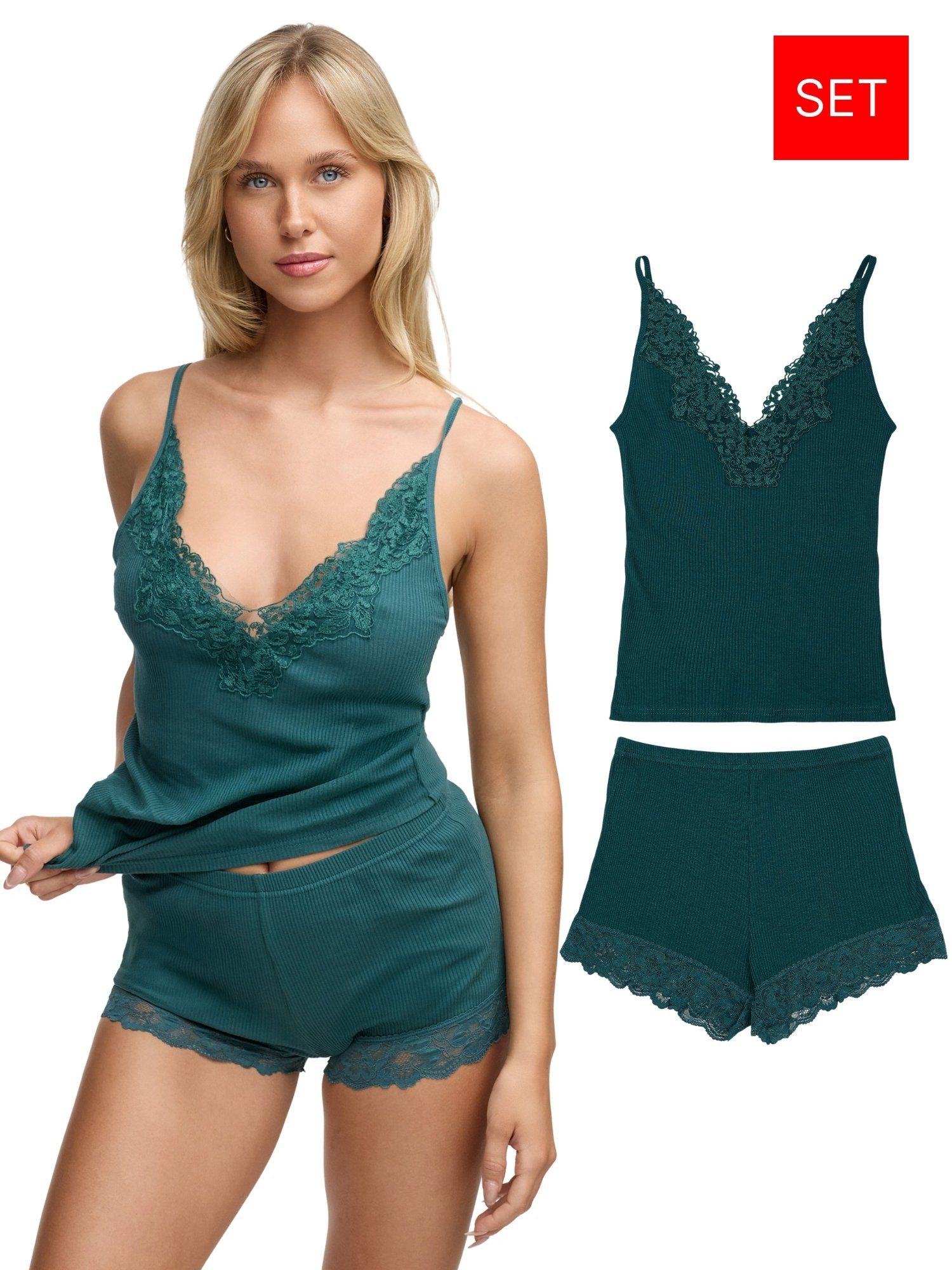 Tazzio Shorty Nachtwäsche-Set F909 (Set, 2 tlg) Ripp-Optik mit Spitzen-Deta günstig online kaufen