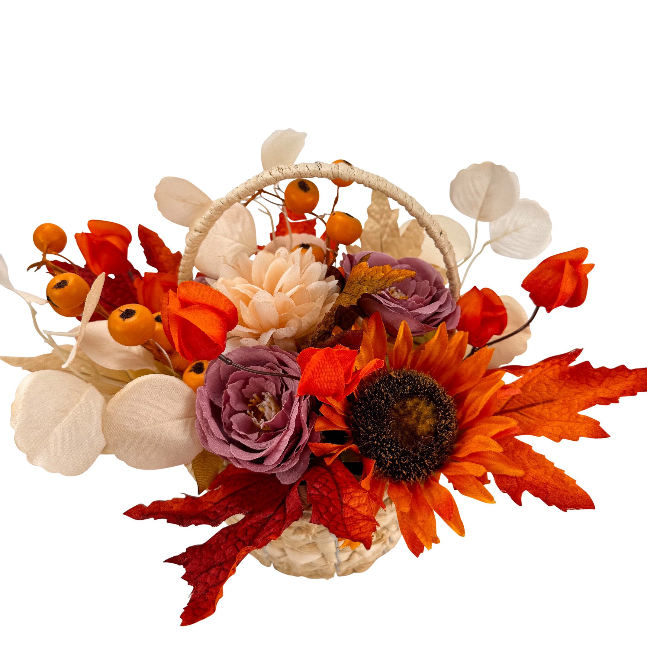 Kunstblumenstrauß - Deko Korb mit künstlichen Blumen & LED Lichterkette, Herbstdeko - Herbstlaub, Sonnenblumen, Crysanthemen, Online-Fuchs, herbstlicher Blumenkorb für ein gemütliches Amiente