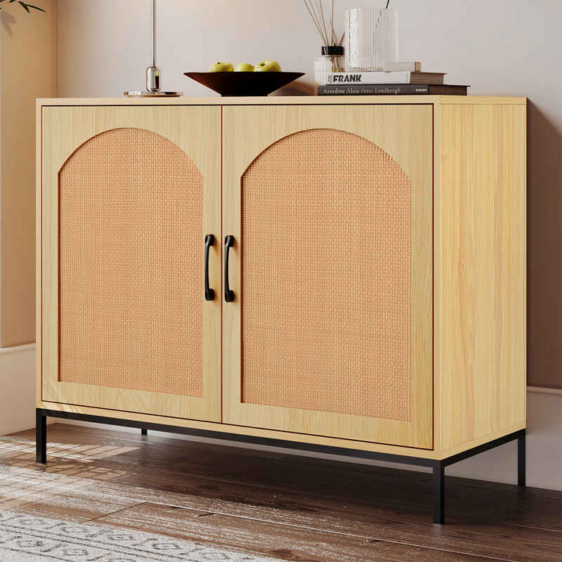 KLAM HOME Kommode multifunktionaler Schrank aus Rattan und Holz Sideboard, Aufbewahrungsschrank Lowboard mit Metallgriffen für Wohnzimmer Flur