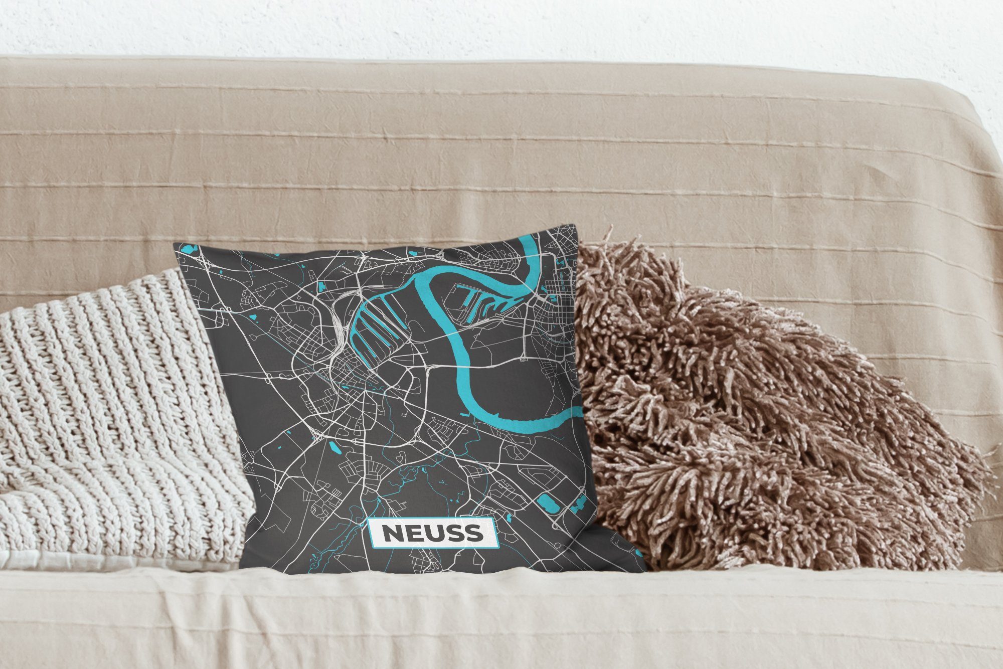 Zierkissen Füllung - Karte Karte, - Dekokissen MuchoWow mit Wohzimmer, Deko, - Stadtplan Blau - Deutschland Sofakissen - Neuss Schlafzimmer, für